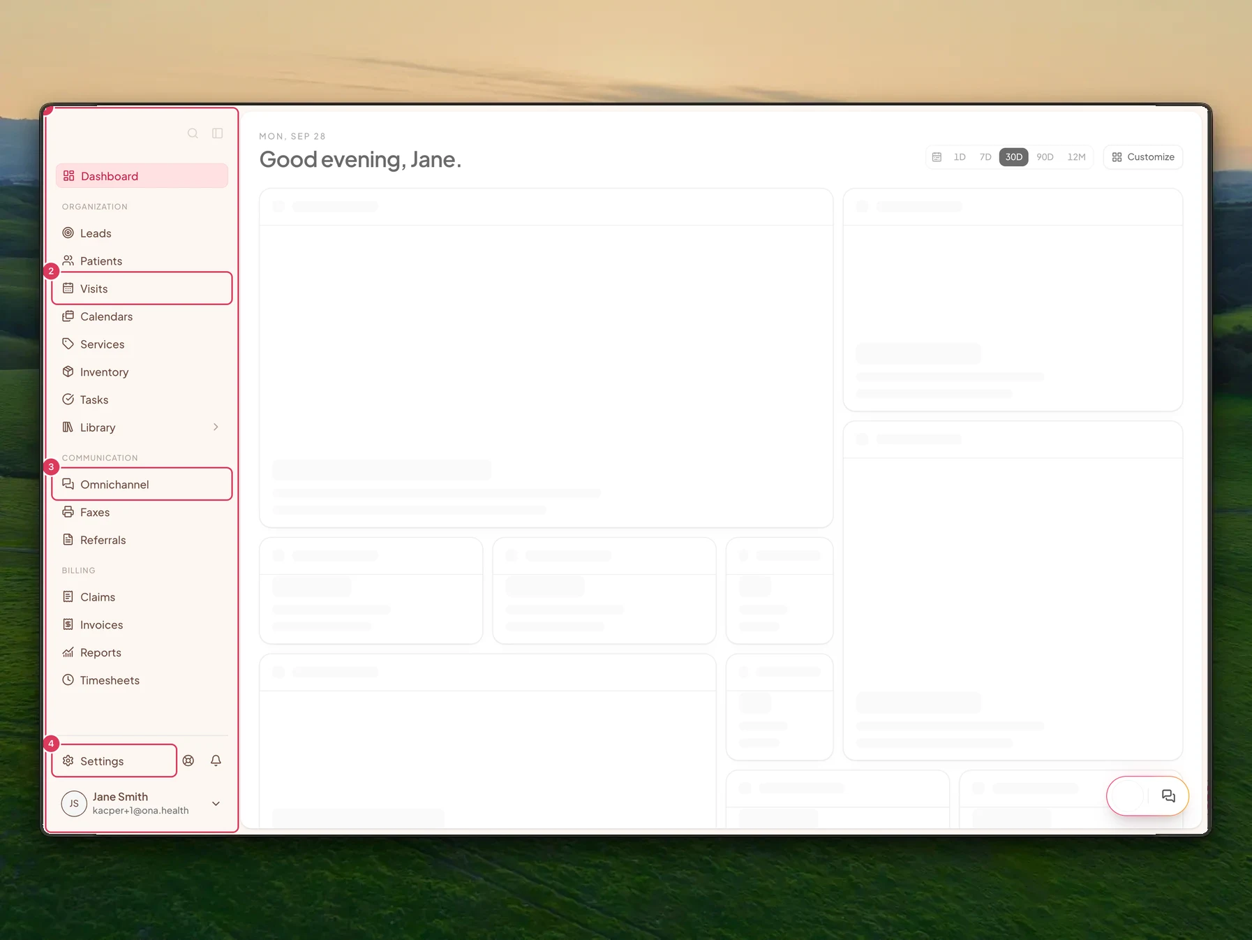 The Ona dashboard is open with the left sidebar showing the main navigation areas, including Visits, Omnichannel, and Settings.