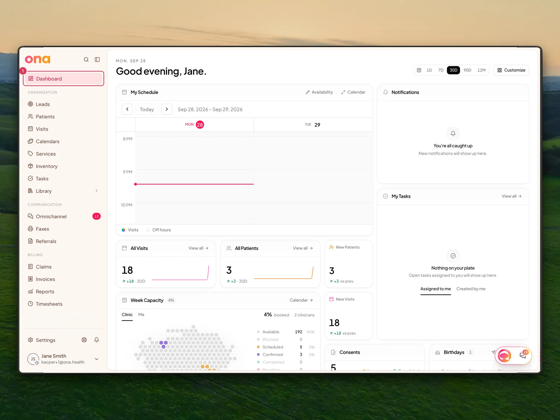 The Dashboard home page is open with the Dashboard item in the left sidebar highlighted and the widget grid visible in the main area.