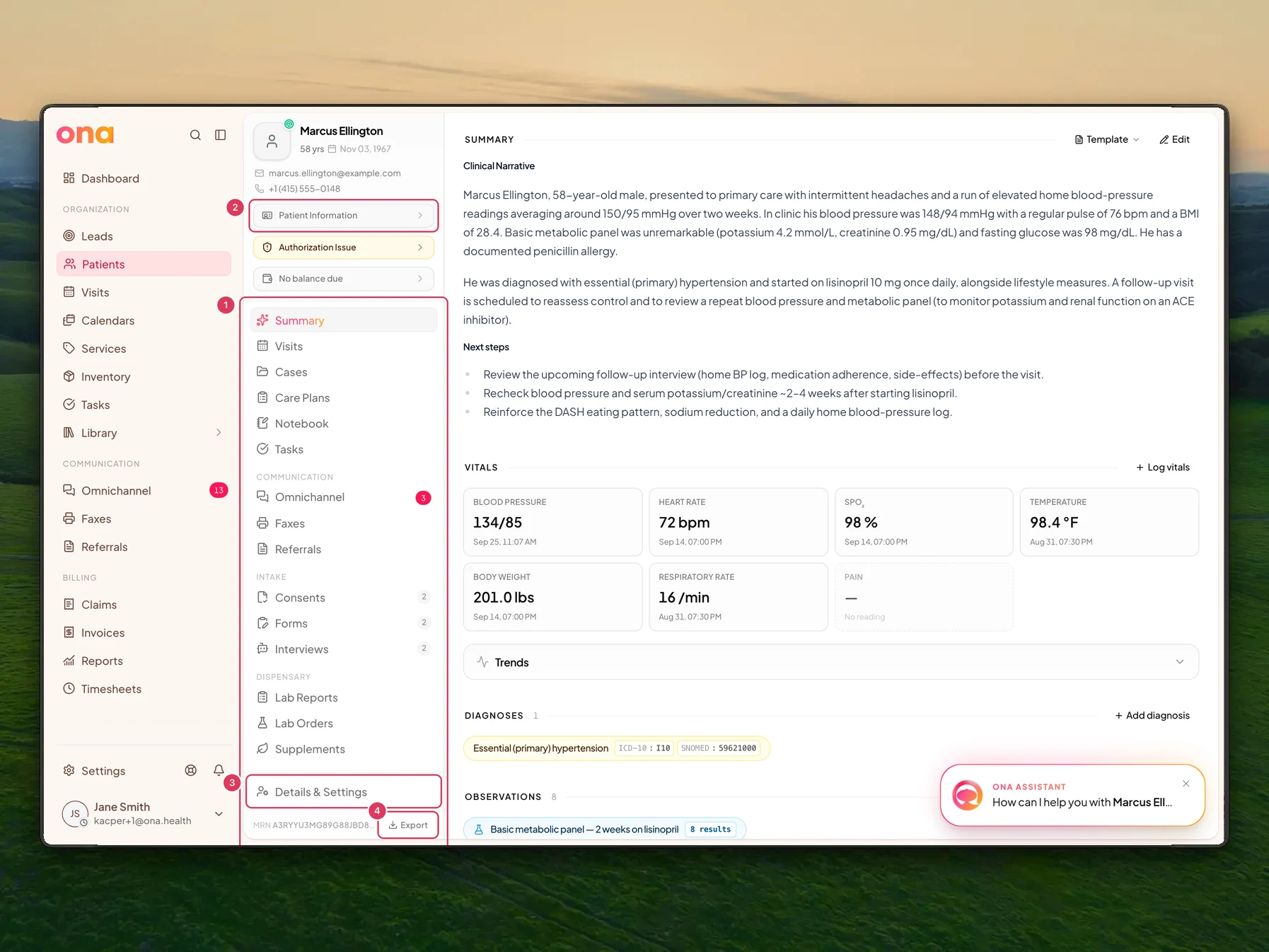 Marcus Ellington's patient chart is open with the patient chart sidebar visible, including patient sections, Patient Information, Details & Settings, and the footer area for MRN and export.