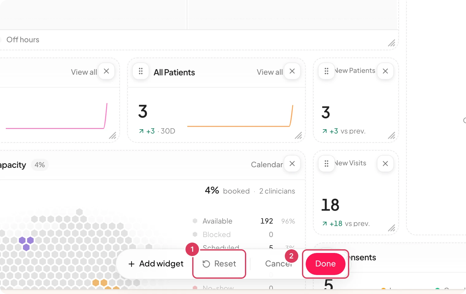 Dashboard edit mode is open with the bottom editing toolbar showing Add widget, Reset, Cancel, and Done controls.