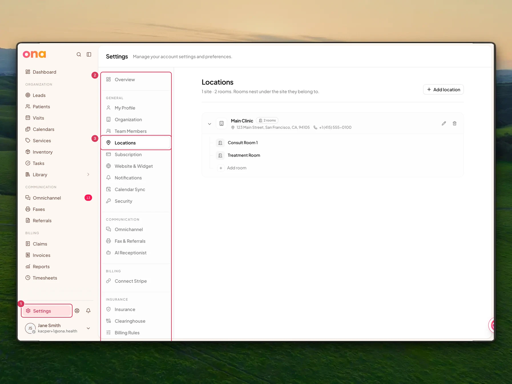 The Settings area is open with the main sidebar on the left and the settings menu showing items such as Locations.