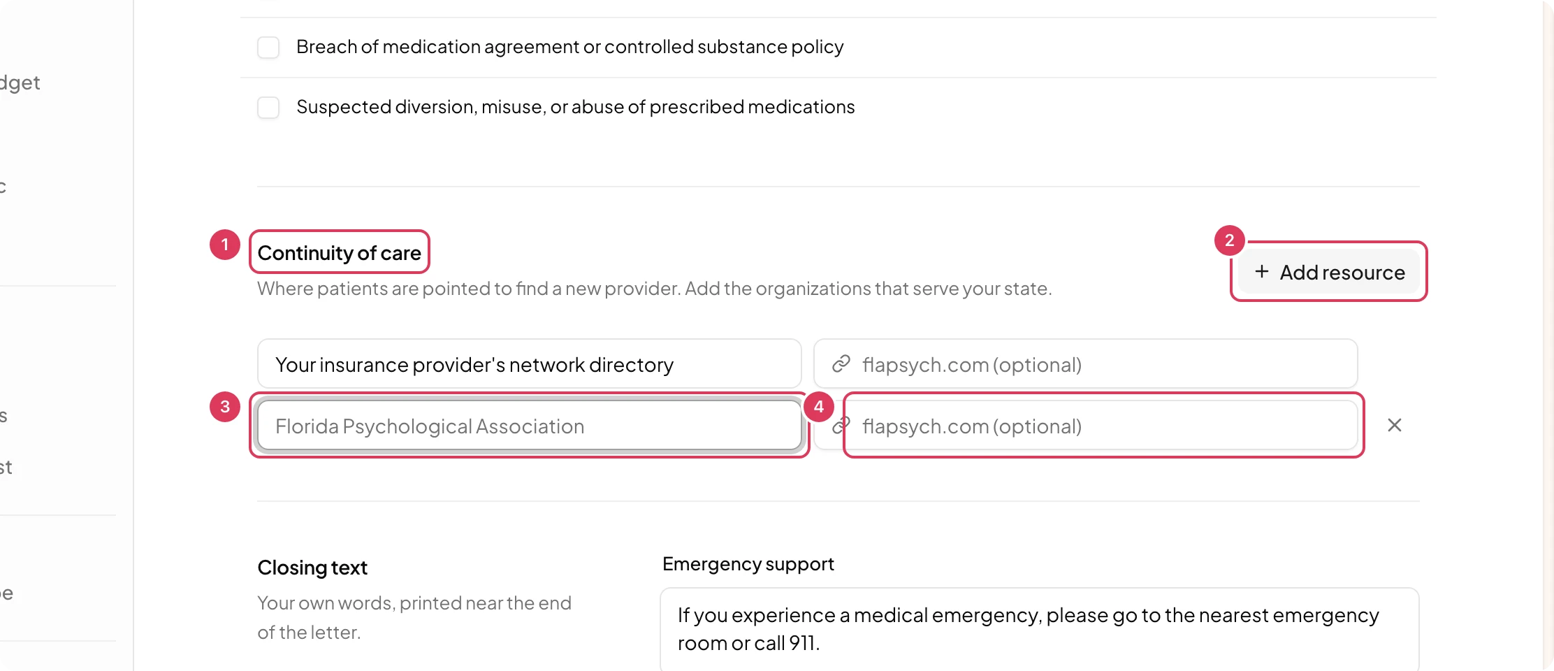 The Continuity of care section of Discharge letters settings shows the Add resource button and an added resource row with fields for a resource name and optional link.