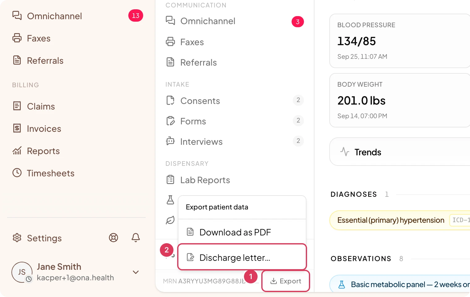 The patient chart with the Export button at the bottom of the chart menu and its menu open, showing Download as PDF and Discharge letter.