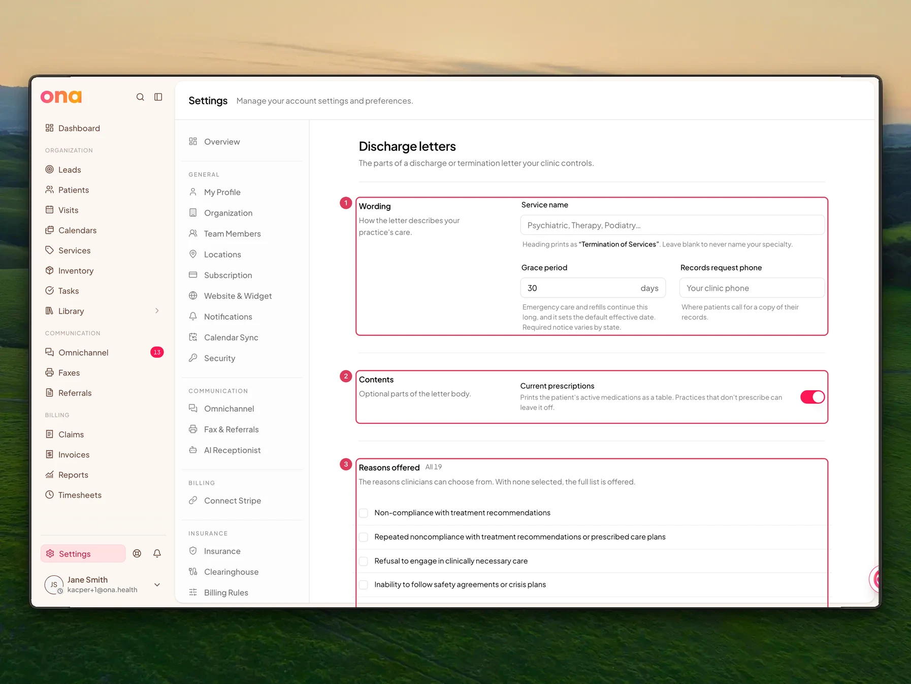 The Discharge letters settings page shows the Wording, Contents, and Reasons offered sections for clinic-wide discharge and termination letter defaults.