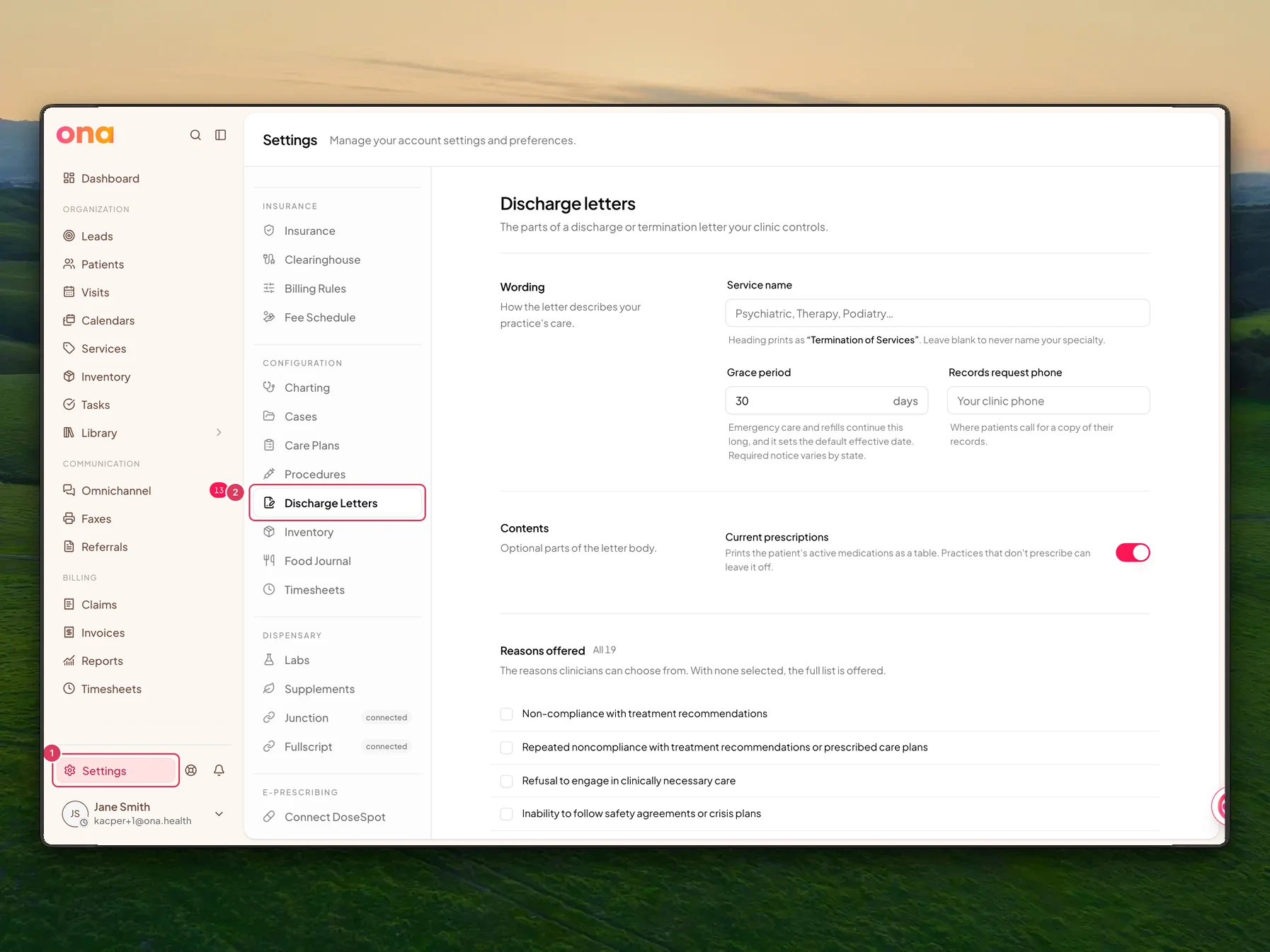 The Settings area is open with Settings highlighted in the left sidebar and Discharge Letters highlighted in the settings menu.