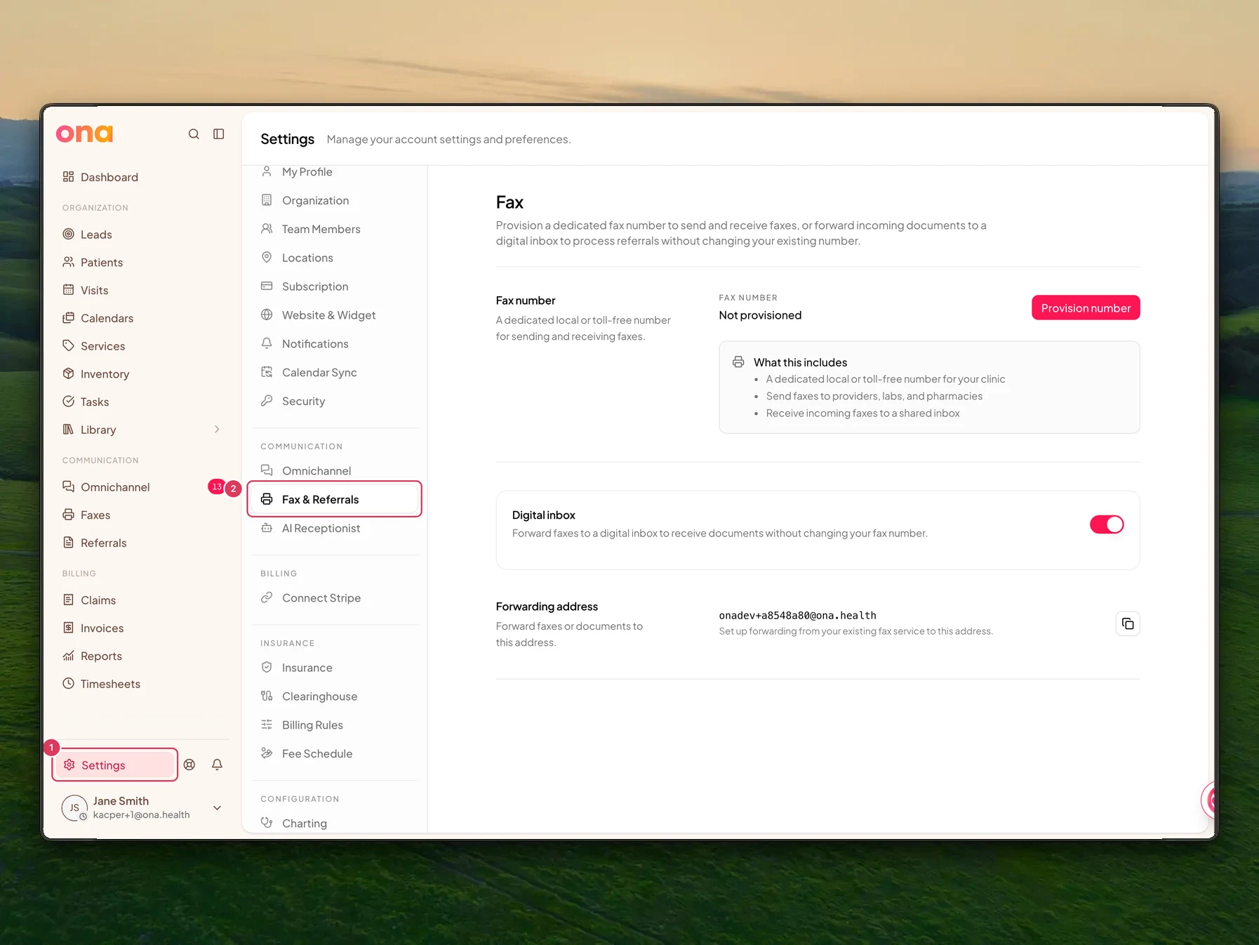 The Settings area is open with Settings in the left sidebar and Fax & Referrals selected in the settings menu.