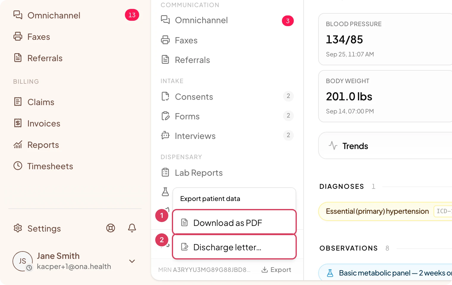 The Export patient data menu is open on the patient chart, showing options to download the chart as a PDF or choose the discharge letter option.