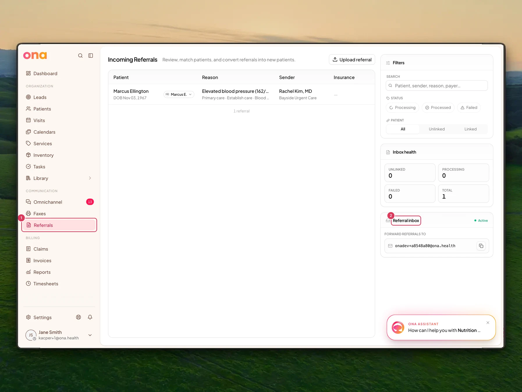 The Referrals area is open from the main sidebar, showing the Incoming Referrals page with the Referrals sidebar link and the Referral inbox card highlighted.