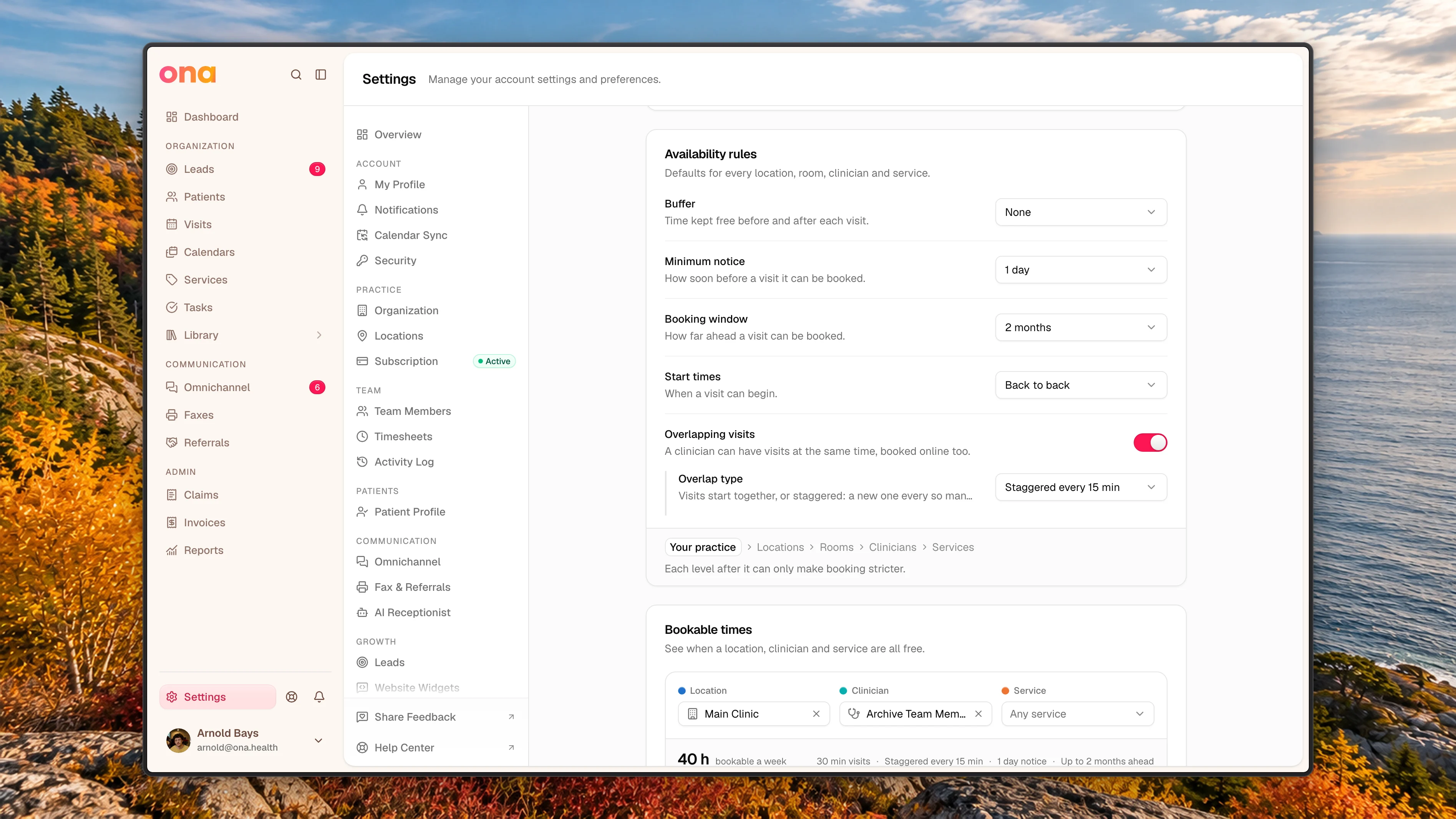 Settings → Availability with the Availability rules card: Buffer None, Minimum notice 1 day, Booking window 2 months, Start times Back to back, Overlapping visits switched on with Overlap type Staggered every 15 min, and the chain Your practice › Locations › Rooms › Clinicians › Services at the foot of the card.