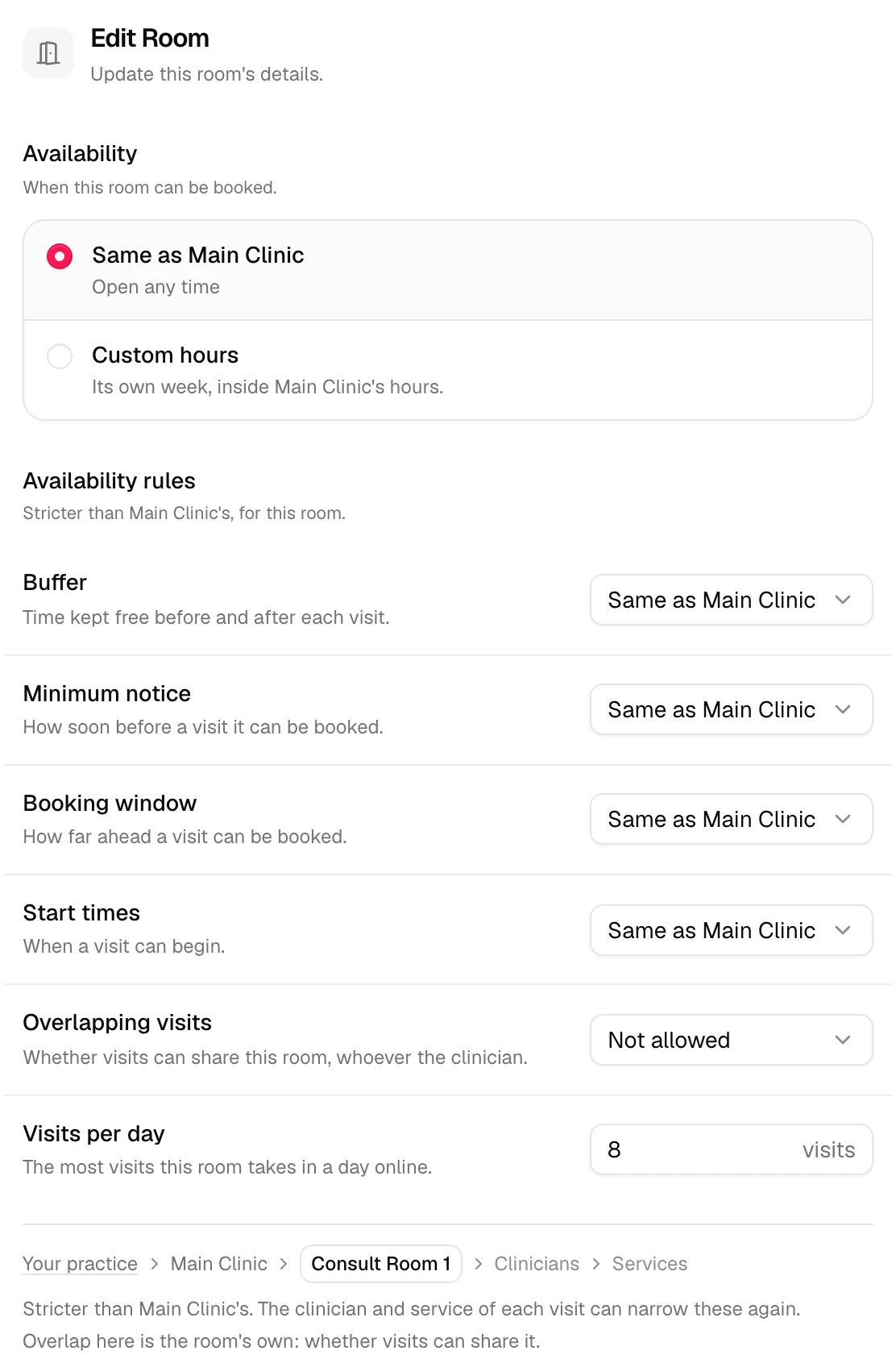 The Edit Room sheet for Consult Room 1: Availability Same as Main Clinic, Availability rules following Main Clinic, Overlapping visits Not allowed, Visits per day 8, and the chain Your practice › Main Clinic › Consult Room 1 › Clinicians › Services.