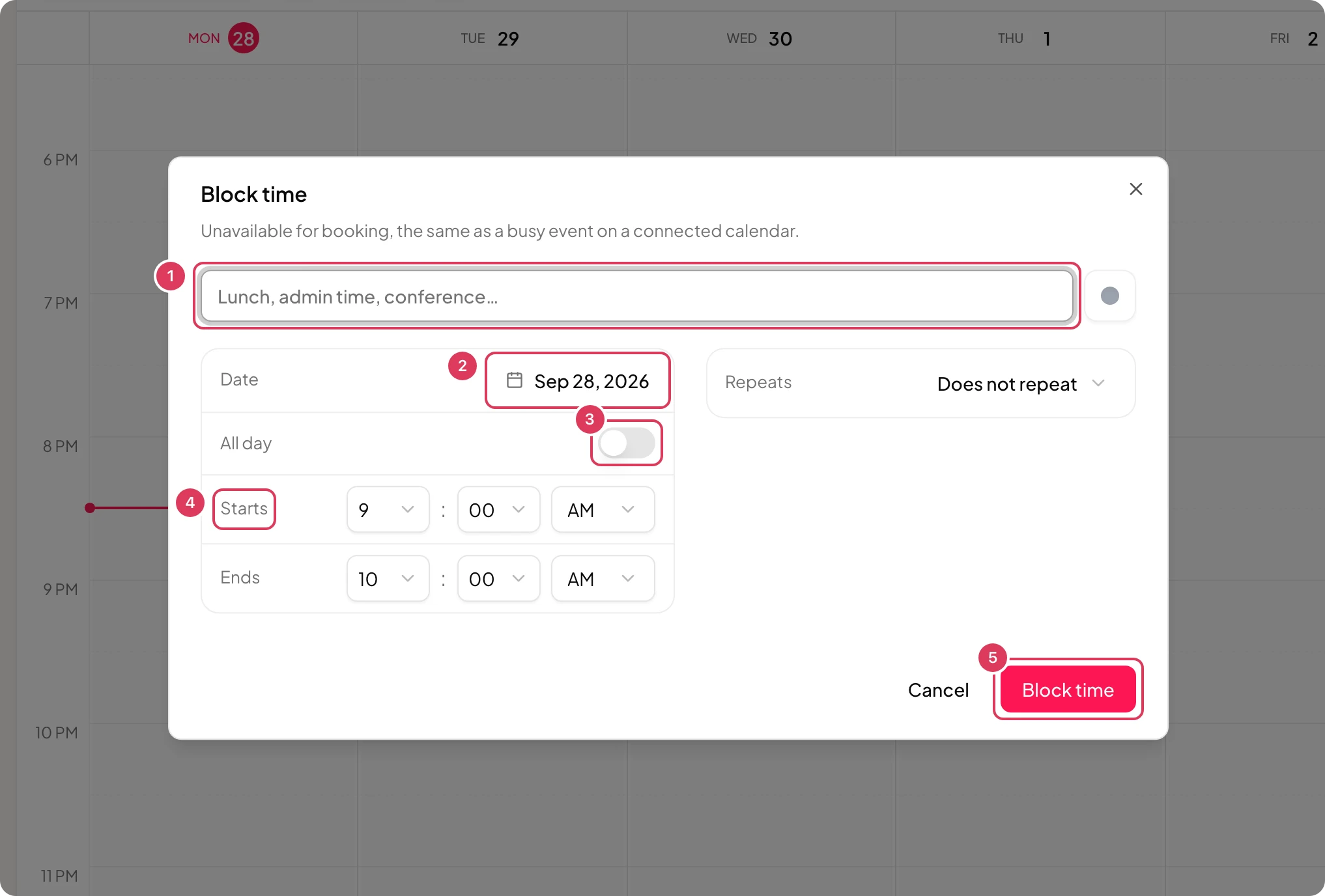 The Block time dialog is open with fields for title, color, date, all day, start and end times, repeat settings, and the Block time button.