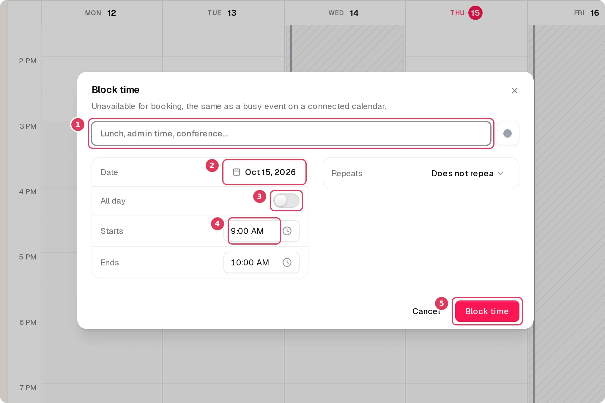 The Block time dialog is open, showing a Title textbox, a Date button, an All day switch, a Starts time selector, and a Block time button.