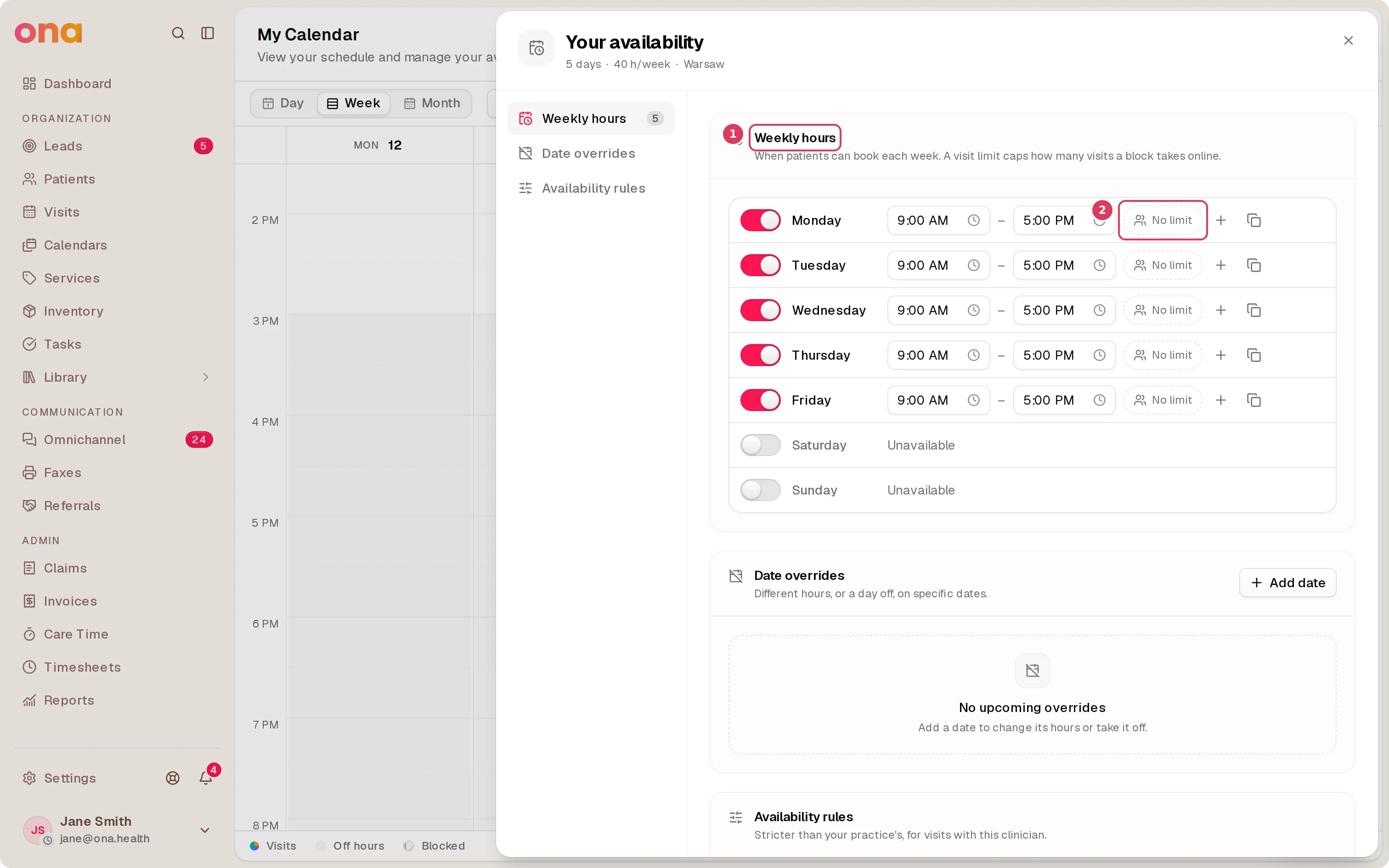 The "Your availability" dialog is open on Weekly hours, showing weekly availability controls including a visit-limit pill on Monday.