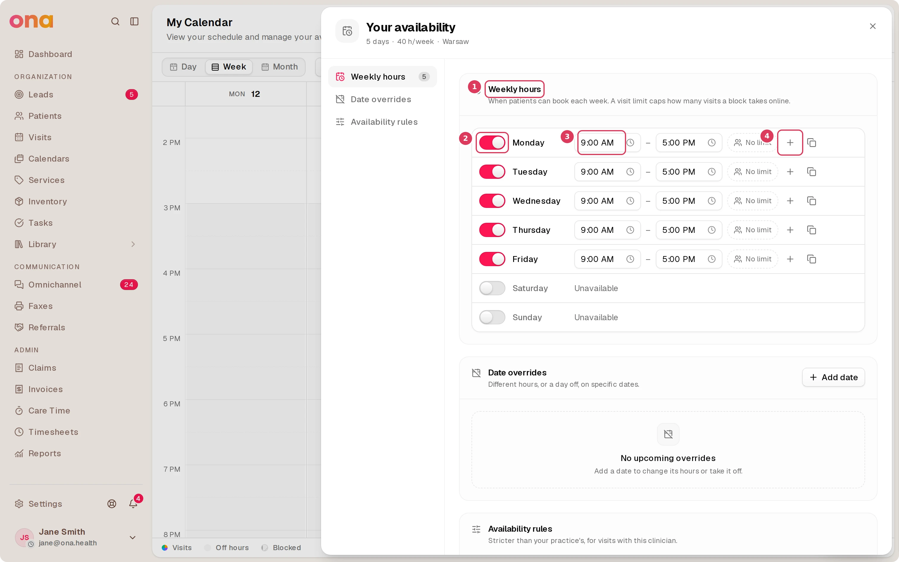 The availability dialog is open on the Weekly hours section, showing weekday availability toggles, start and end time fields, and an Add hours control for split shifts.