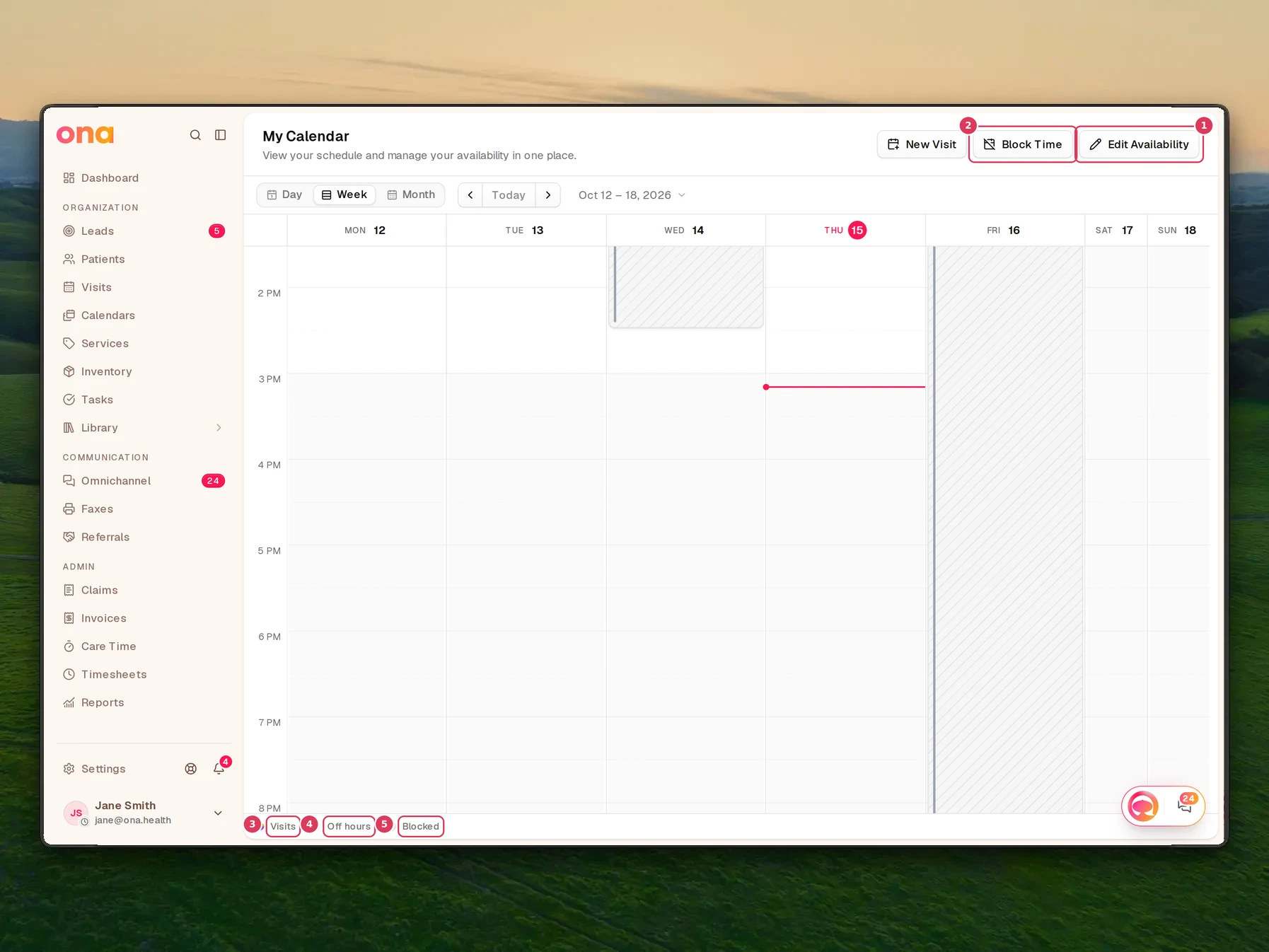 The personal calendar page is open with action buttons for editing availability and blocking time, a week schedule grid with visits, and a legend showing Visits, Off hours, and Blocked.