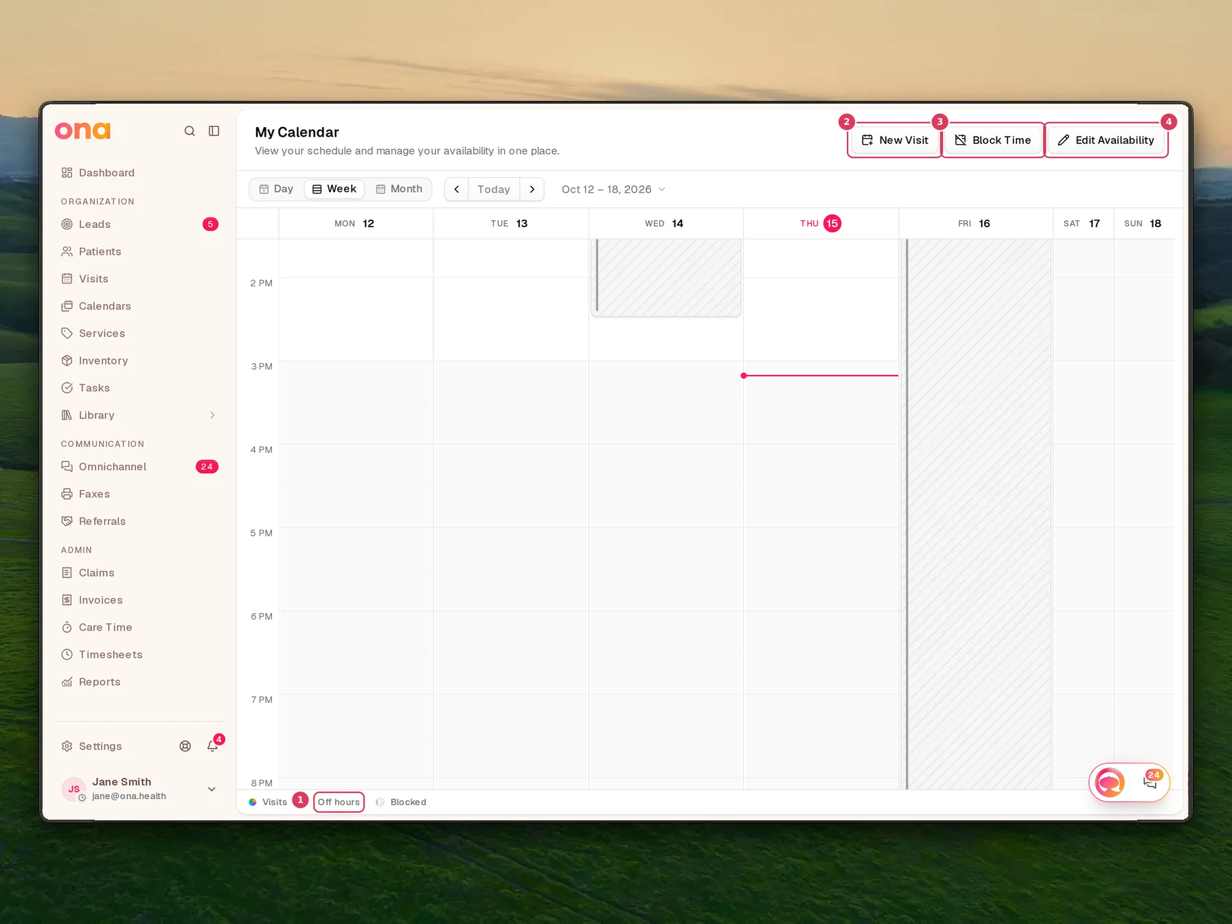 My Calendar is shown in week view with New Visit, Block Time, and Edit Availability buttons above the calendar grid, and the Off hours legend below the grid.