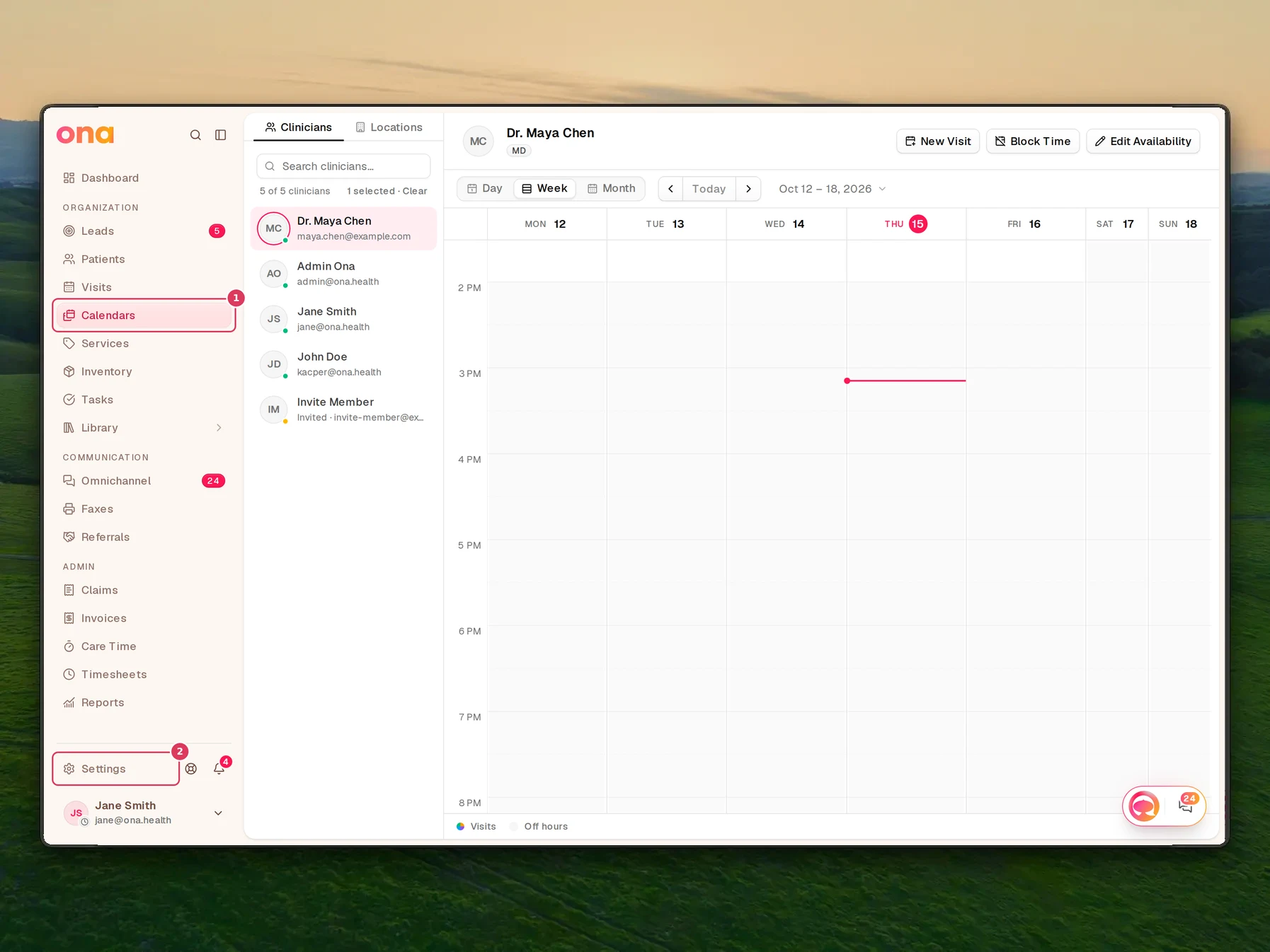 The Calendars page is open with Calendars selected in the left sidebar and Settings visible at the bottom of the sidebar for calendar sync.