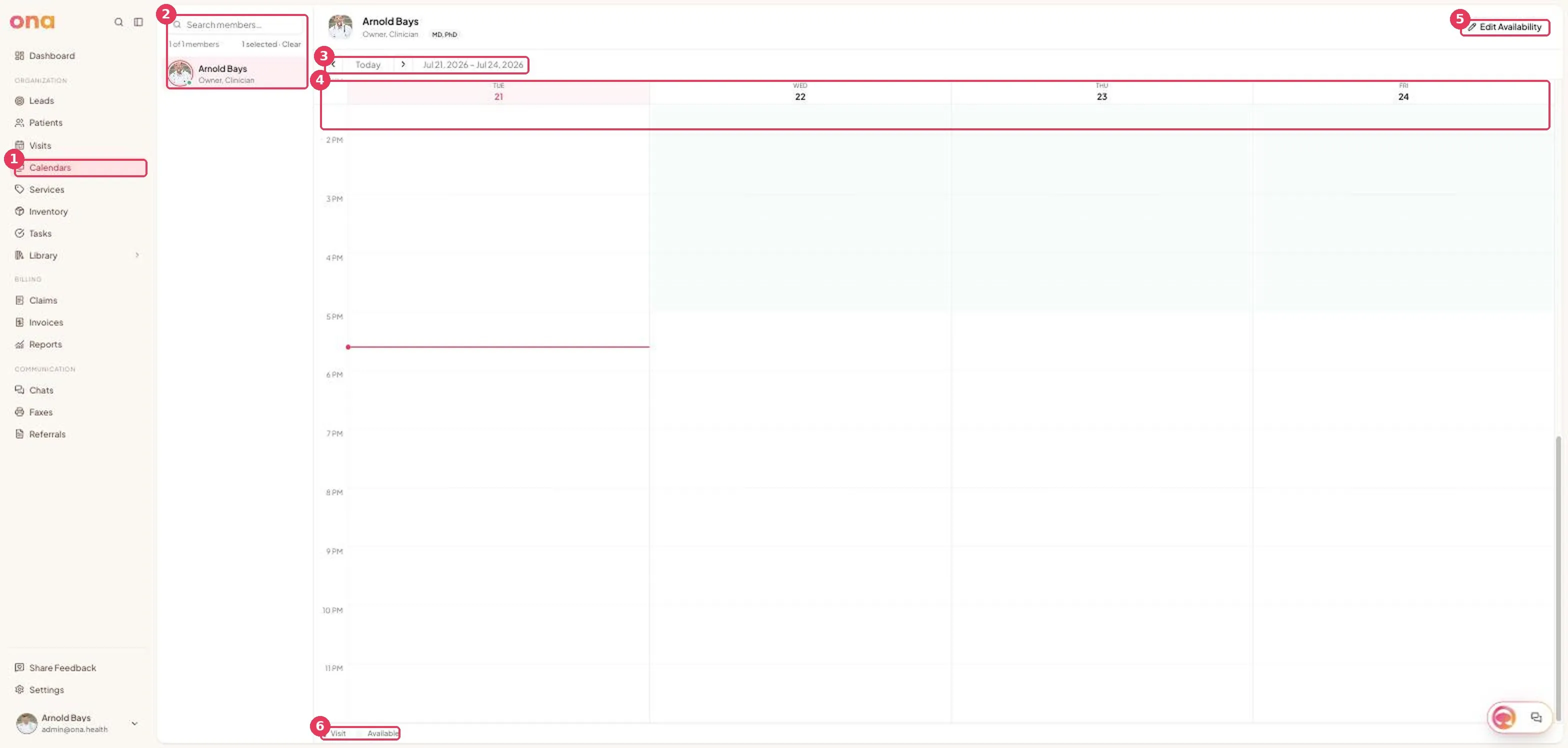 The calendar shows days in columns with visits, off hours, blocked time and busy time placed on the time grid.