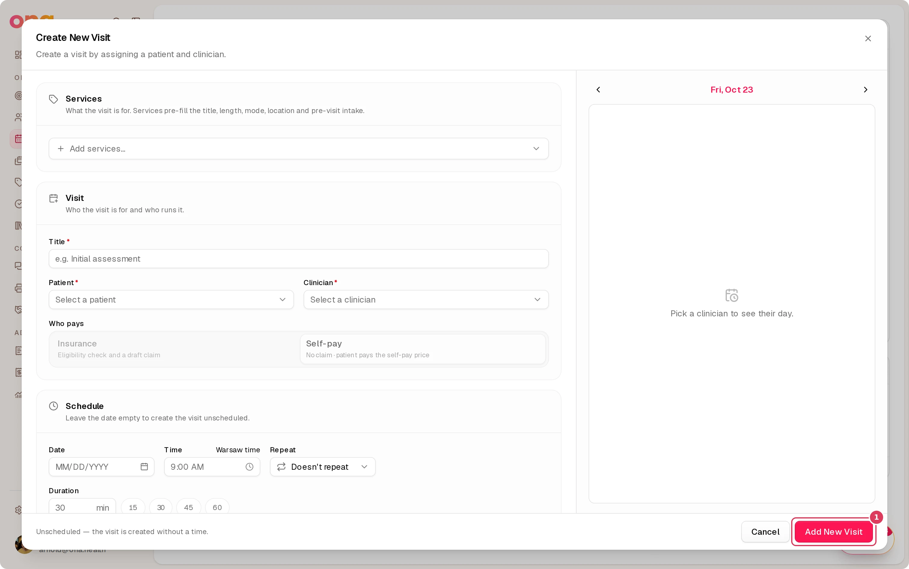 The Create New Visit dialog is open over the Visits page, with visit details on the left, expandable sections for Services, Consents, and Interviews on the right, and the Add New Visit button at the bottom.