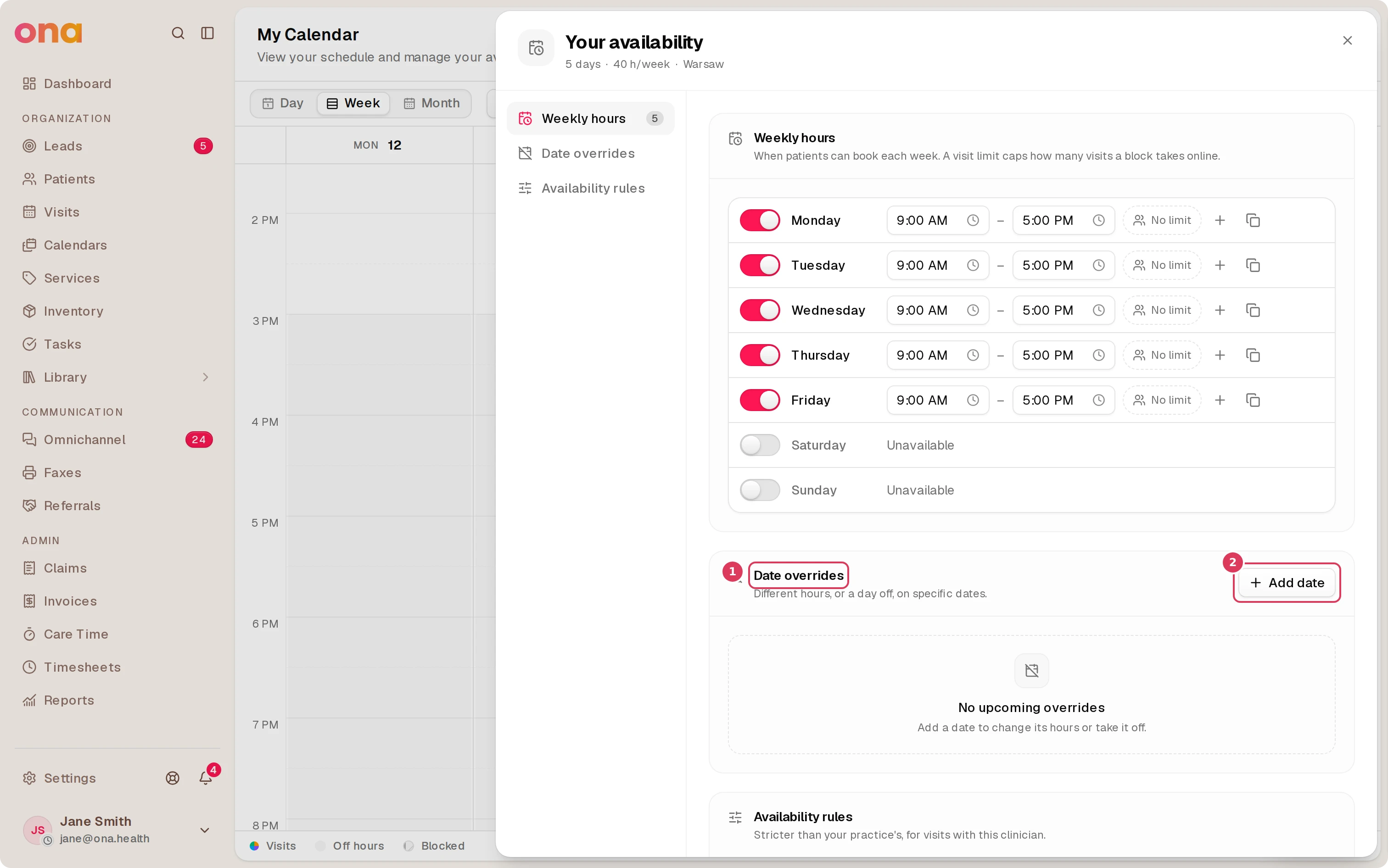 The Your availability dialog is open, showing the Date overrides section with an Add date button in its header.