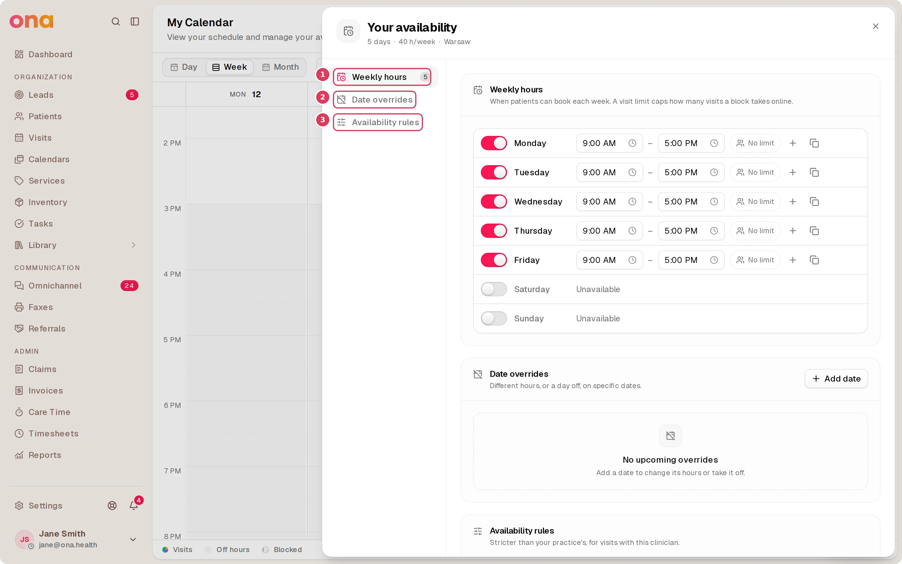 The Your availability dialog is open with the Weekly hours, Date overrides, and Availability rules sections in the left rail.
