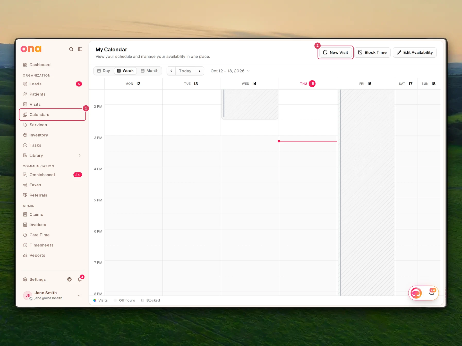 The My Calendar page is open, with the left sidebar showing Calendars and the page header showing the New Visit button.