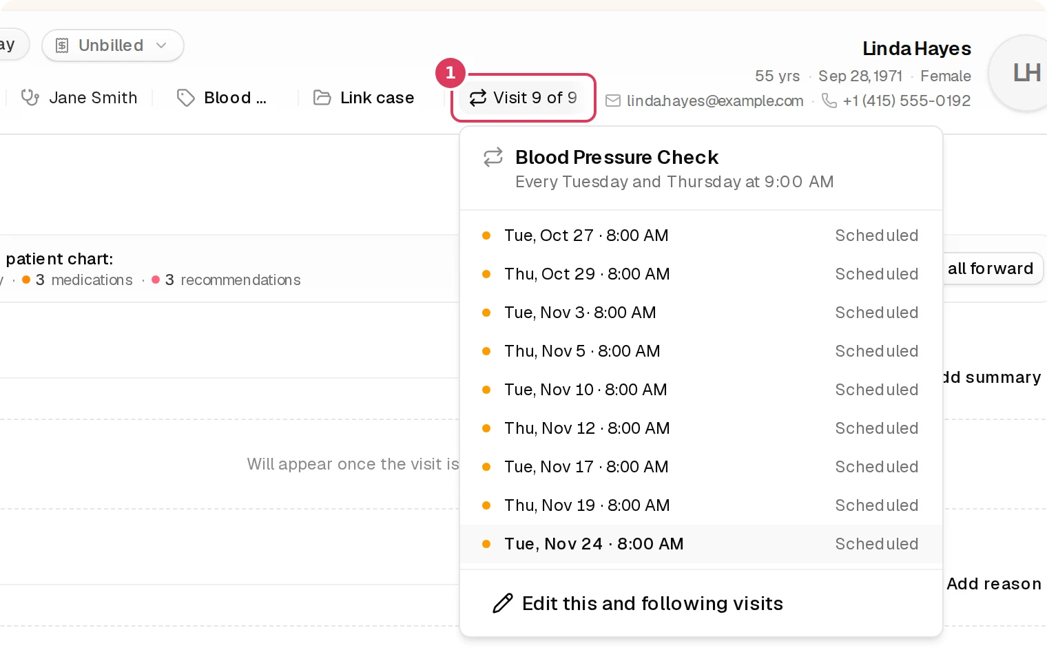A visit page is open with the recurring-visit button expanded, indicating this visit is part of a series.