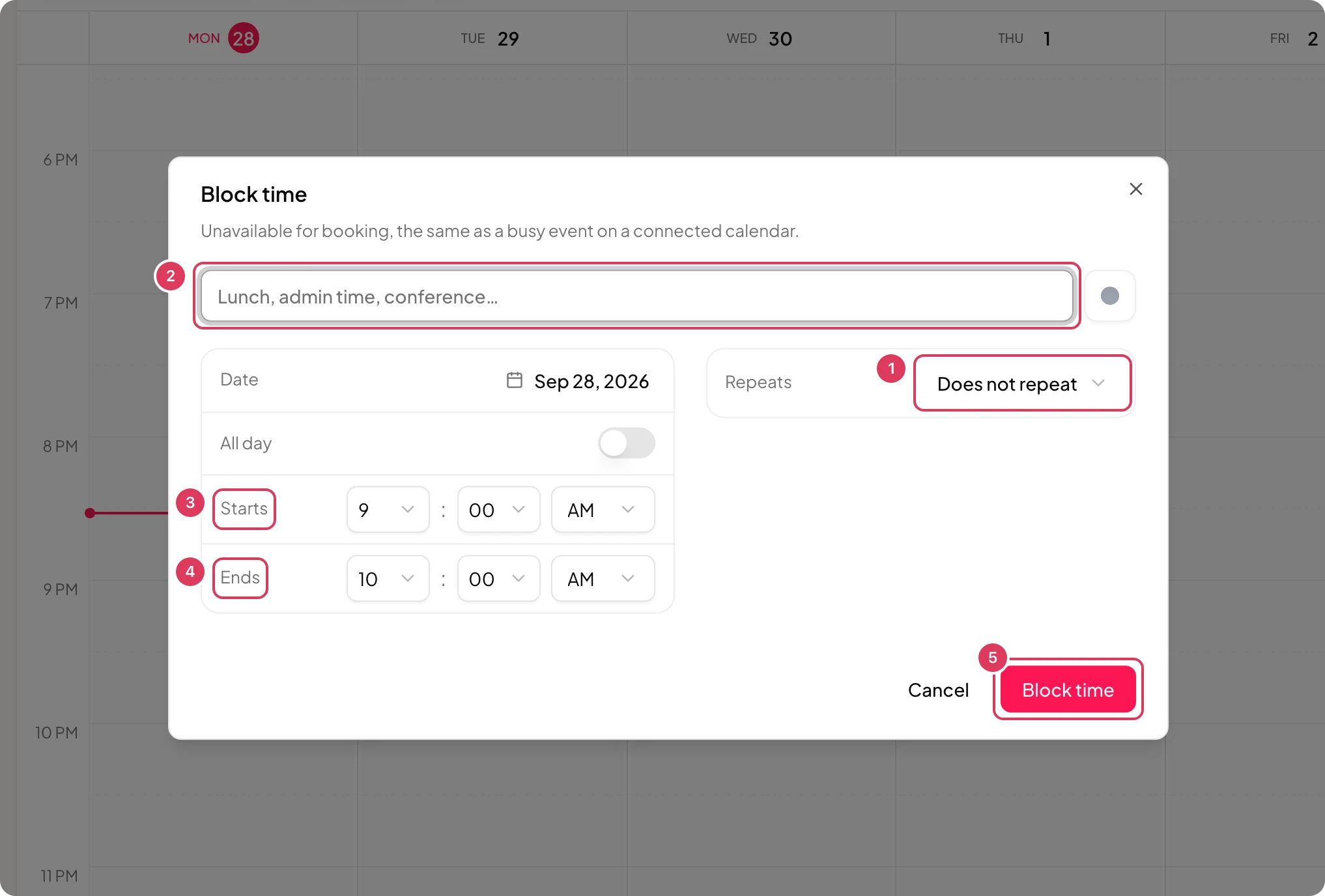 The Block time dialog shows the title field, start and end time controls, the Repeats menu, and the Block time button used to create a recurring blocked time.