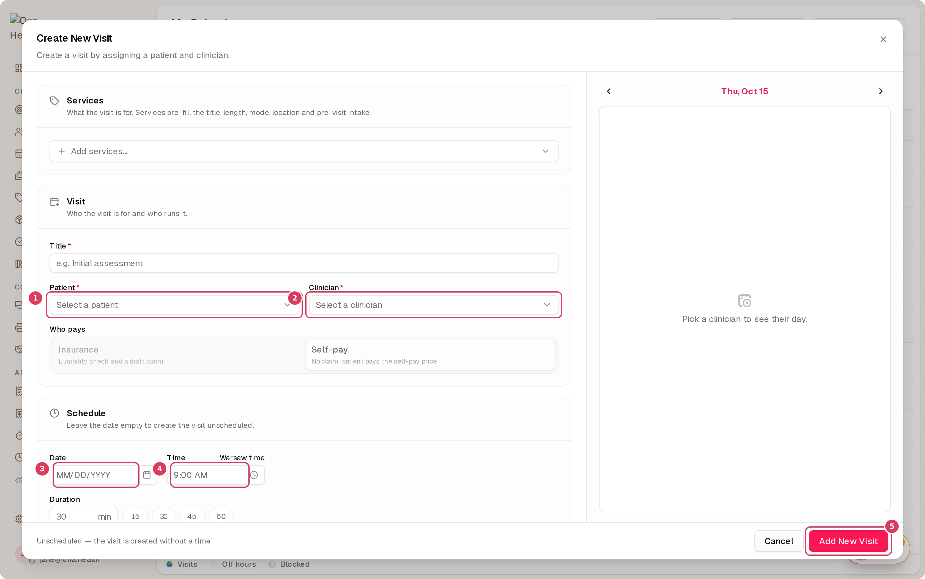 A Create New Visit dialog is open from My Calendar, with fields for patient, clinician, date, and time, and an Add New Visit button at the bottom.