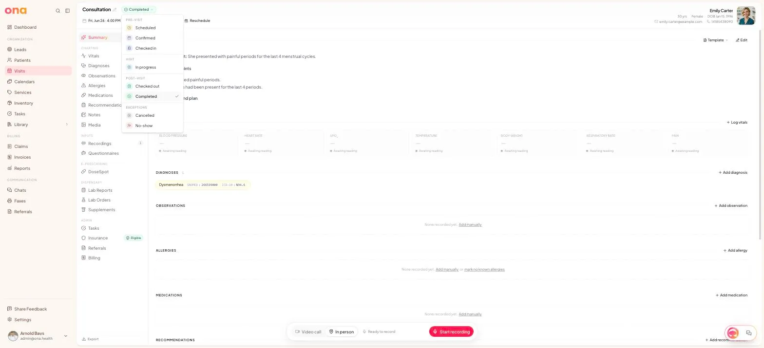 A visit status dropdown is open with status options for the selected visit.