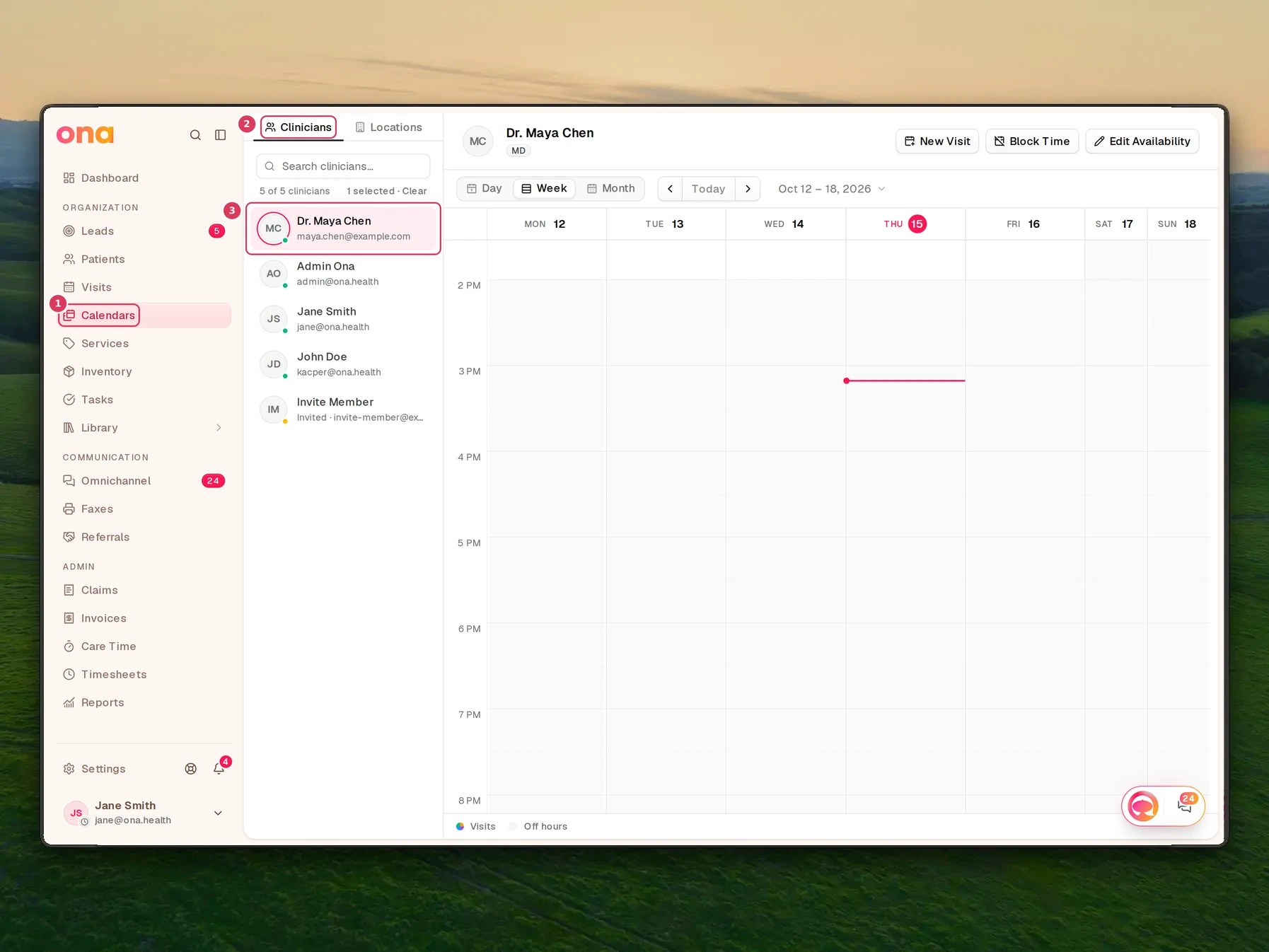 The team Calendars page is open with Calendars in the sidebar, the Clinicians tab selected, and Dr. Maya Chen chosen in the clinician list.