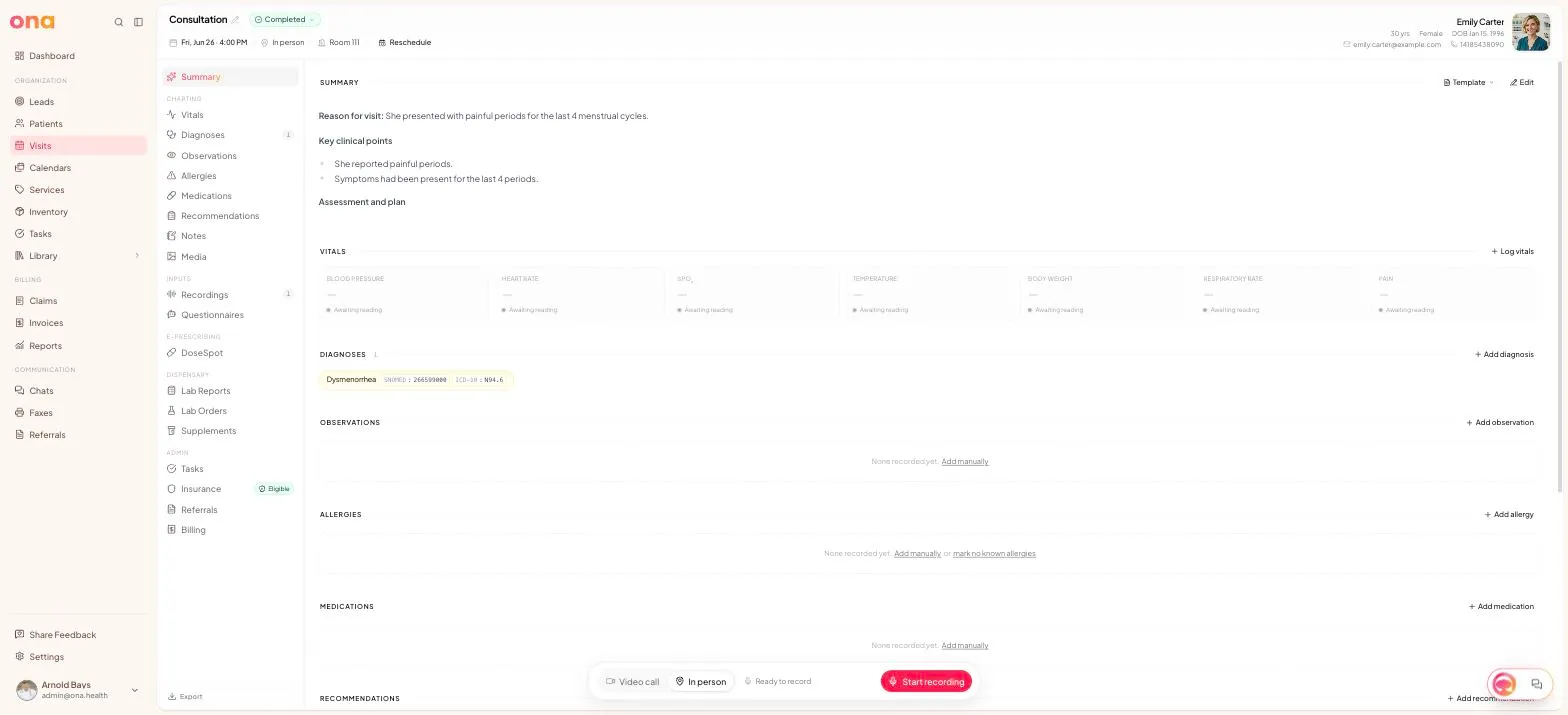 The visit workspace shows the visit header, navigation and the chart area where clinical sections appear.