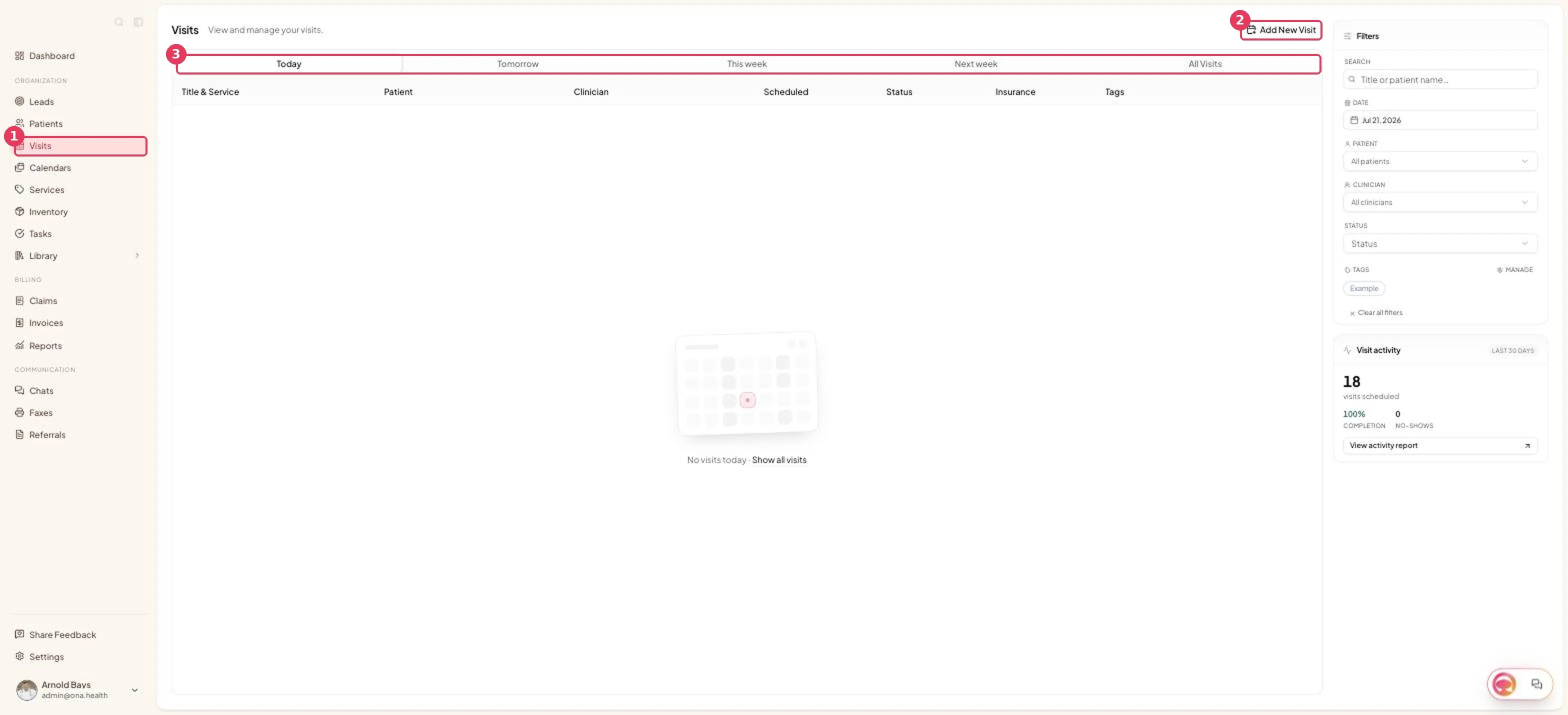 The Visits page shows a list of visits with schedule, patient and status information.