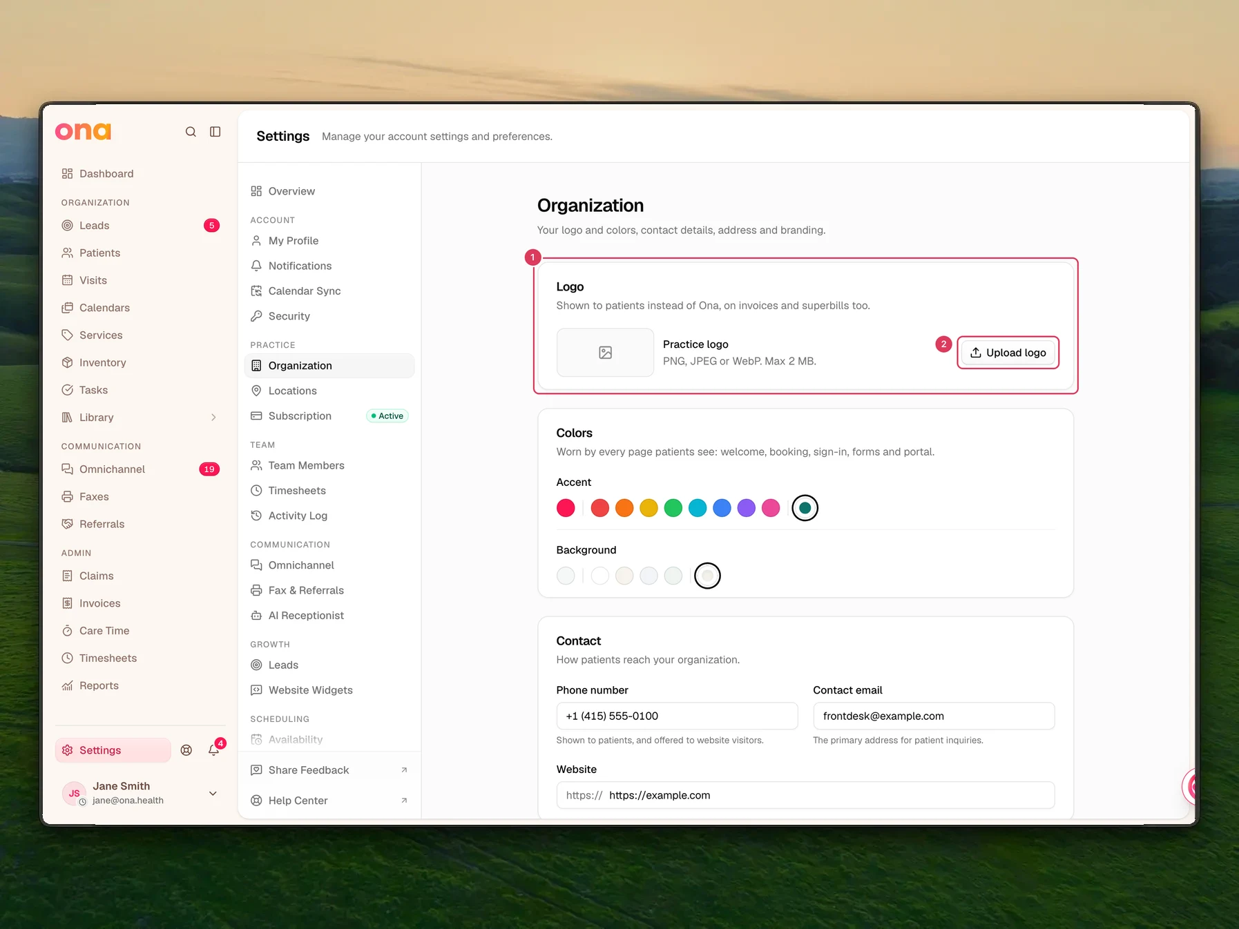 The Organization settings page is open with the Logo section in view, showing the Upload logo button for adding a practice logo.