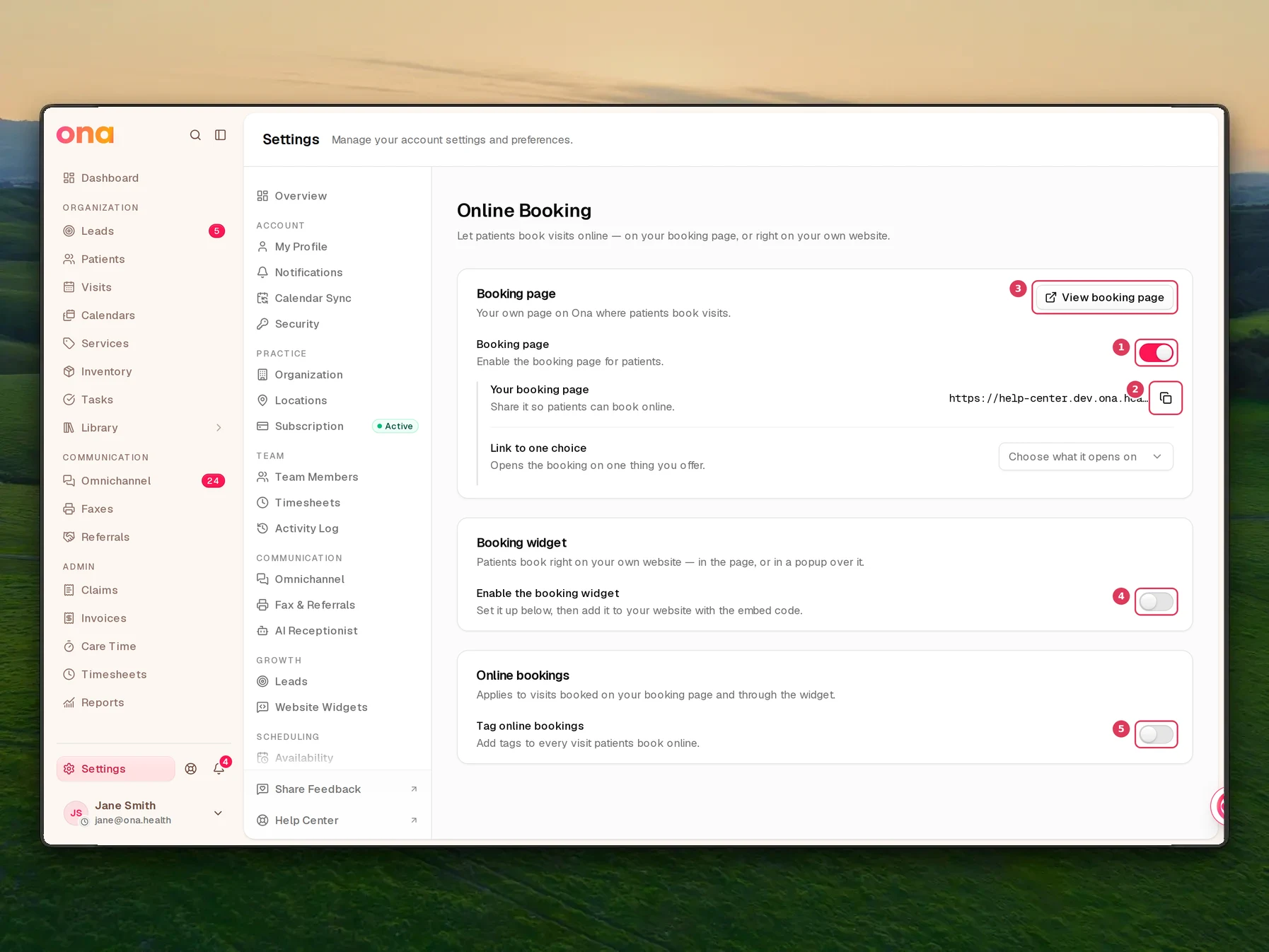 The Online Booking settings page is open with the booking page switch, the public booking link, the preview link, the booking widget switch, and the online bookings switch visible.