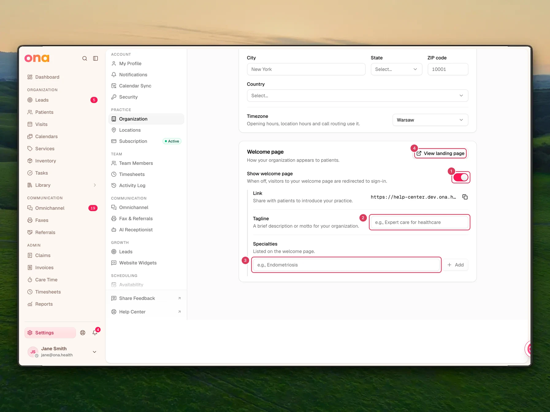 The Organization settings page is open with the Welcome page section visible, including the welcome page switch, tagline and specialties fields, and the preview link.