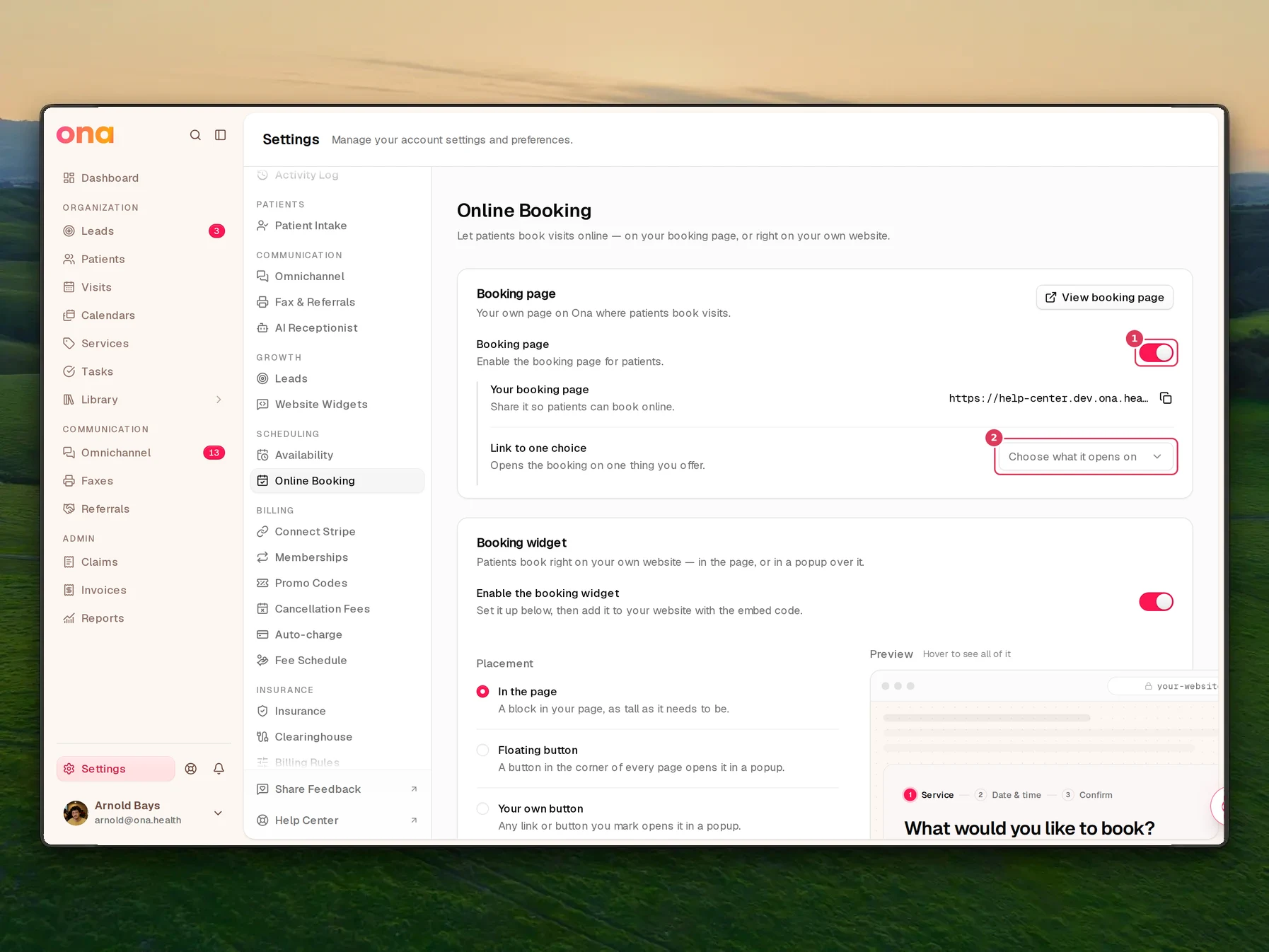 The Online Booking settings page is open, showing the Booking page switch and the clinician-specific link selector in the Booking page section.