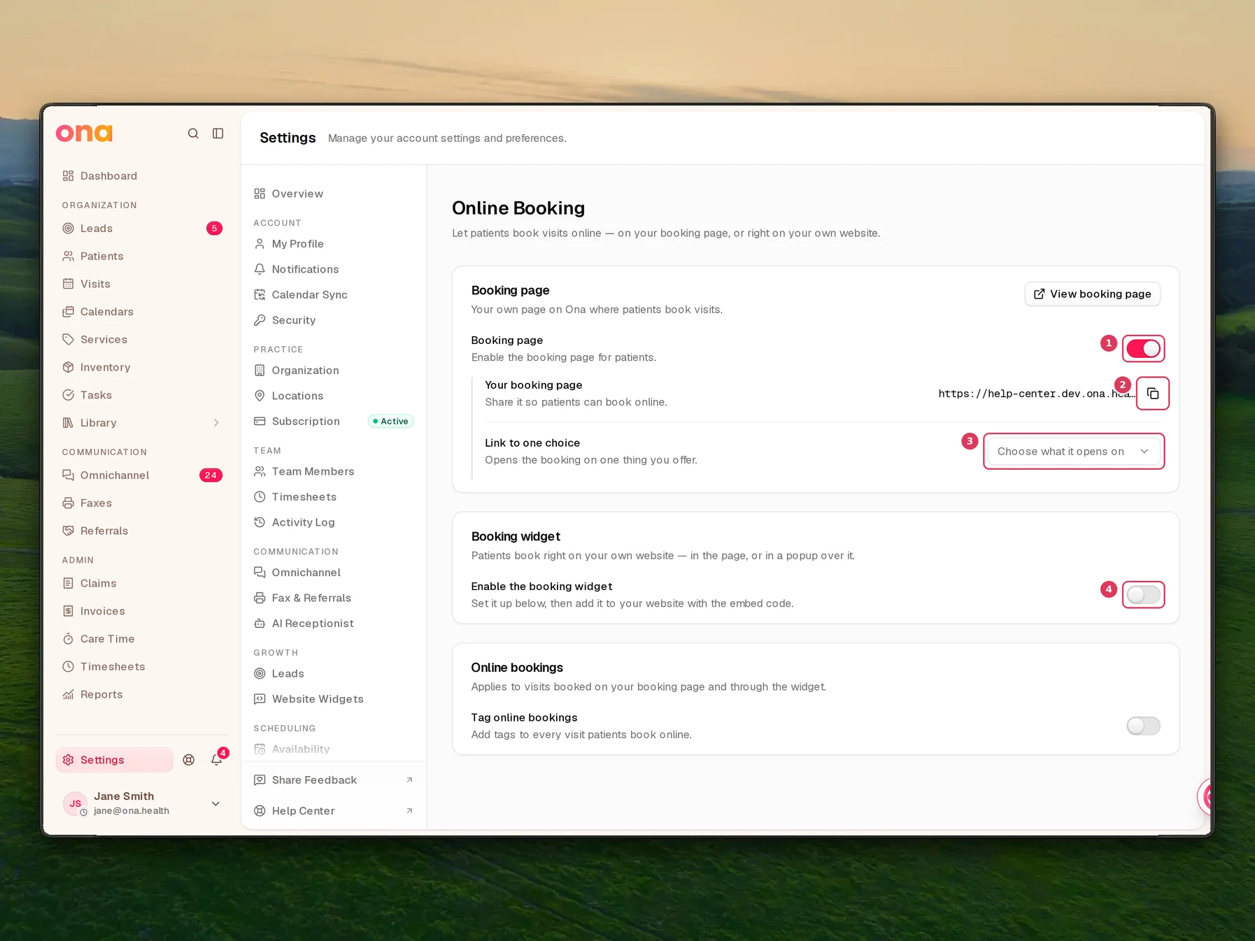 The Online Booking settings page is open, showing the booking page switch, the booking page link copy button, the one-clinician booking selector, and the booking widget switch.