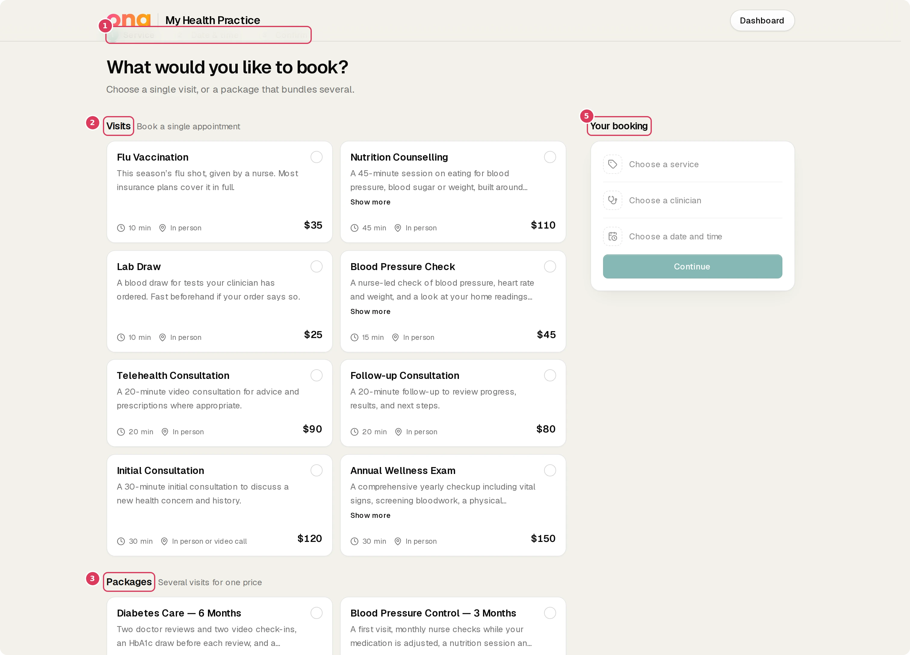 The public booking page is open on the service step, with the booking progress rail on the left, service choices in the main area, and the booking summary rail on the right.