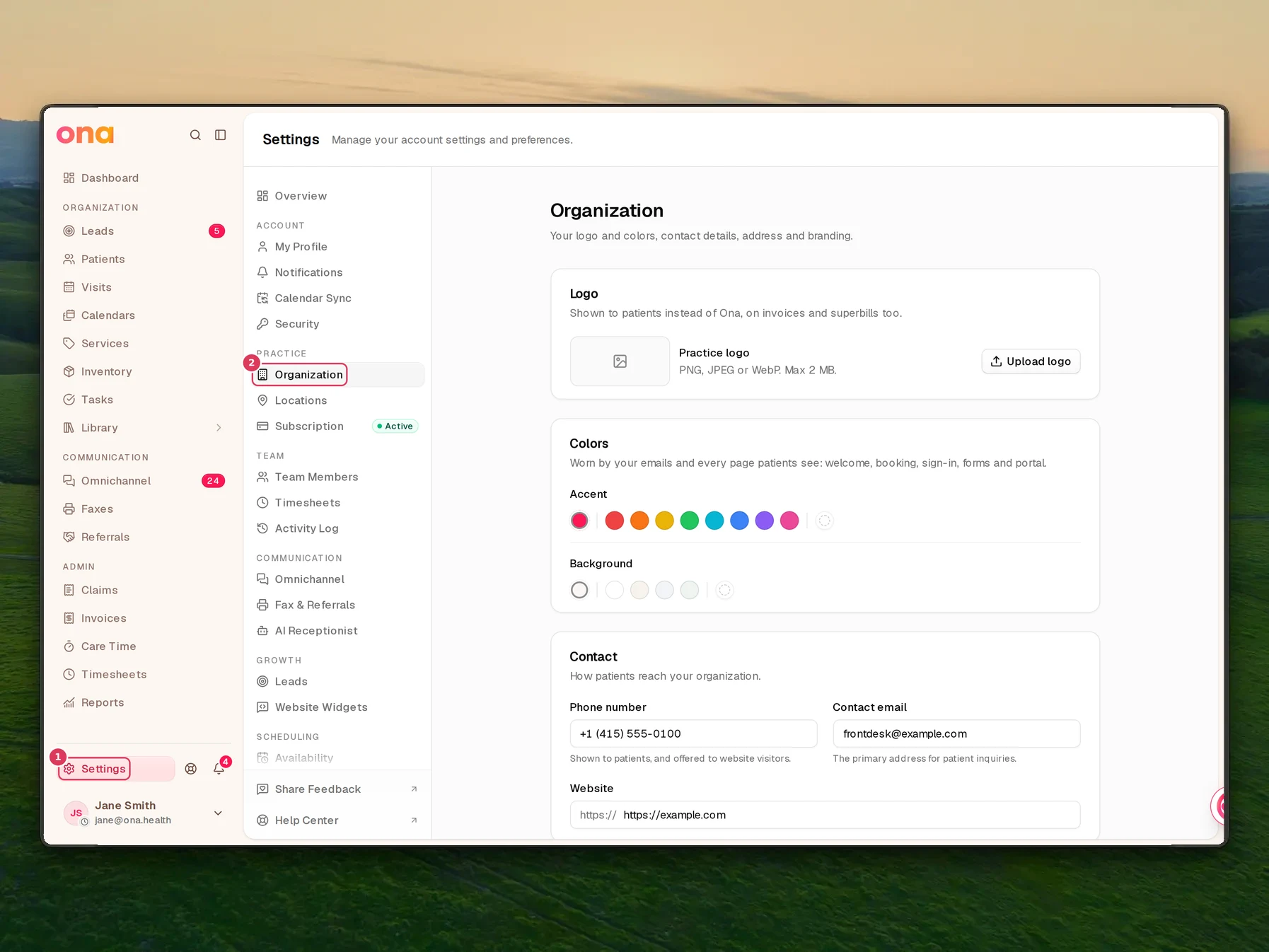 The Settings page is open with Organization selected in the settings sidebar and the Organization settings panel visible in the main area.