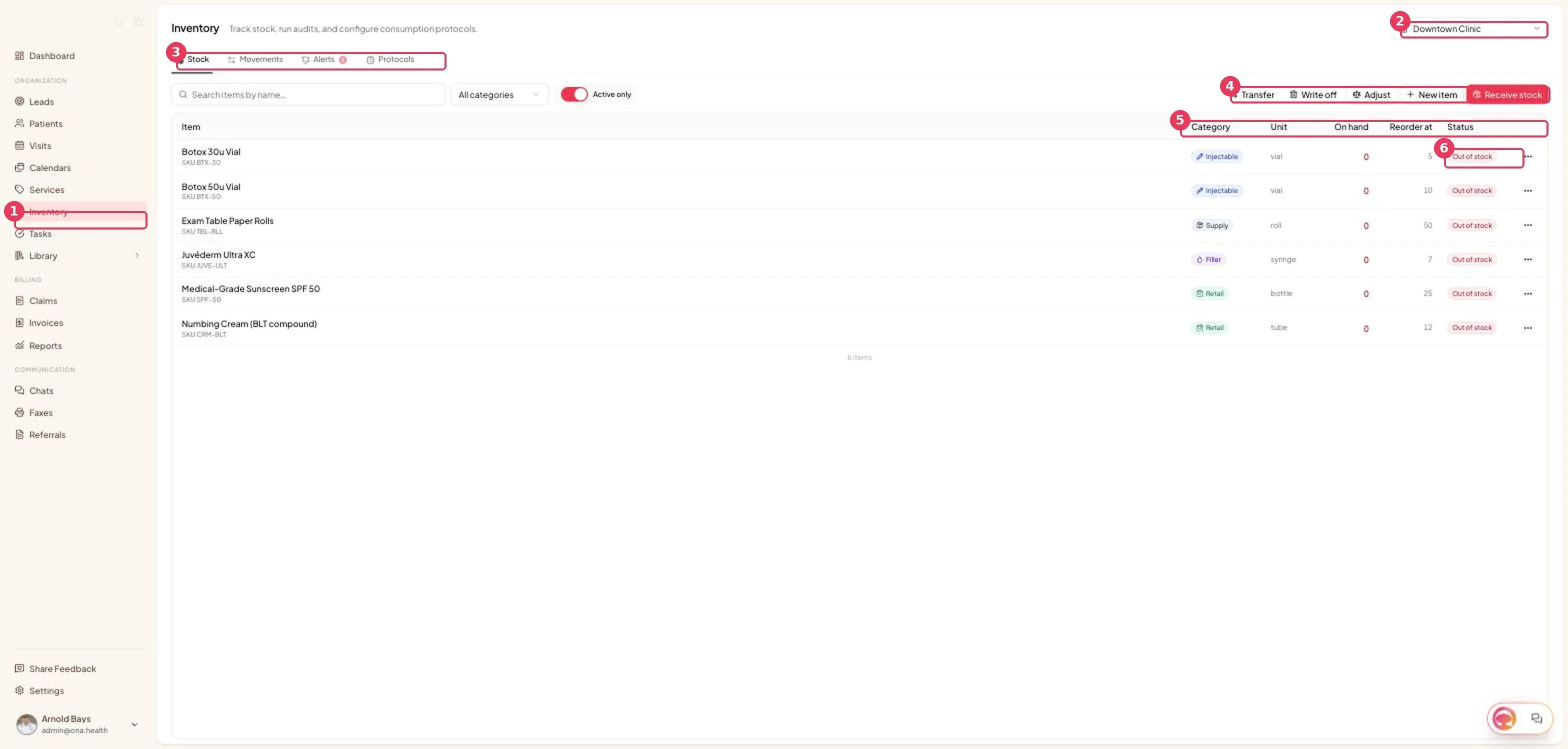 The Inventory page shows stock tracking with inventory tabs, filters, item rows, stock levels, and movement actions.