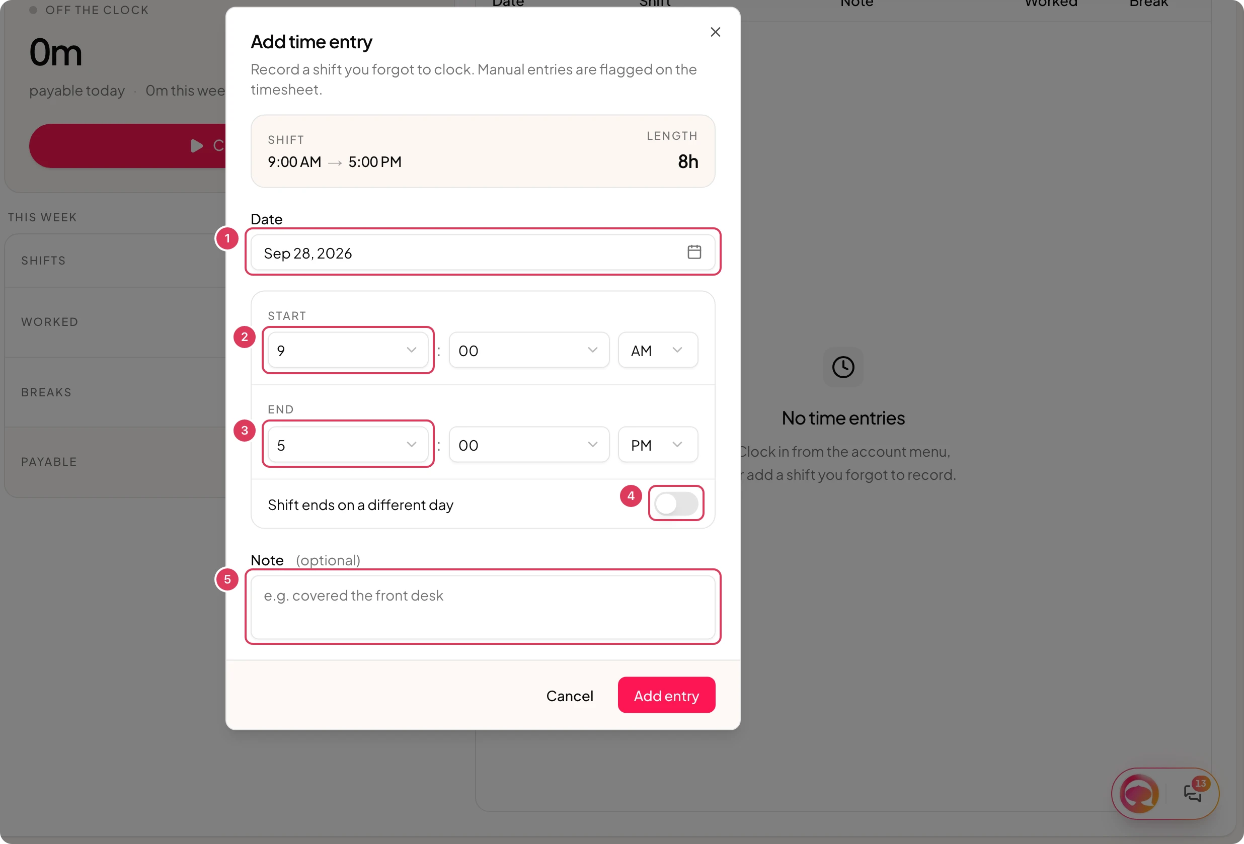 The Add time entry dialog is open with fields for Date, Start, End, a different-day switch, and an optional Note before the entry is saved.