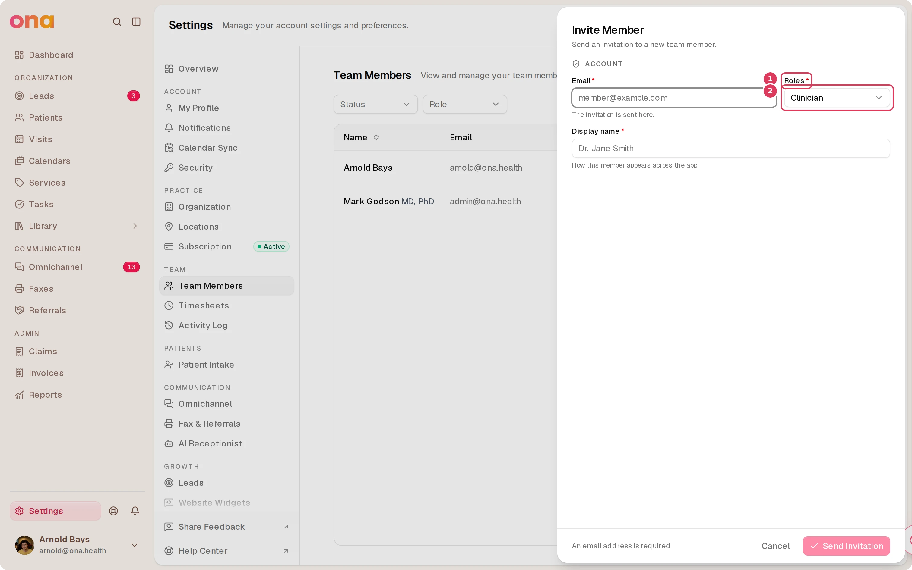 The Invite Member sheet is open, showing the required Roles field and the Roles dropdown currently set to Clinician for choosing the new team member’s role.