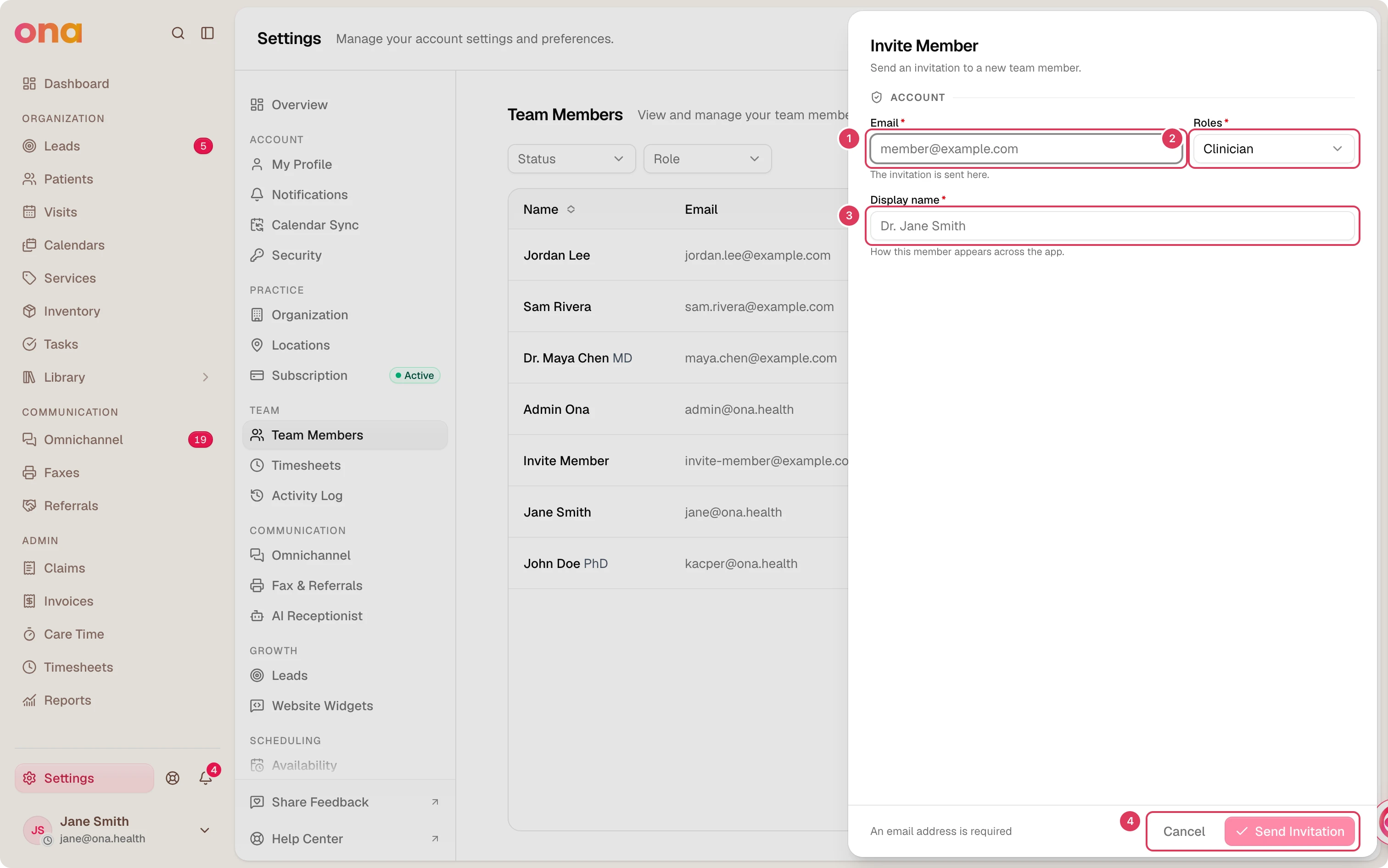 The Invite Member dialog is open with Email and Display name fields showing example placeholder text, the Roles picker set to Clinician, and the Send Invitation button disabled until the required email address is entered.
