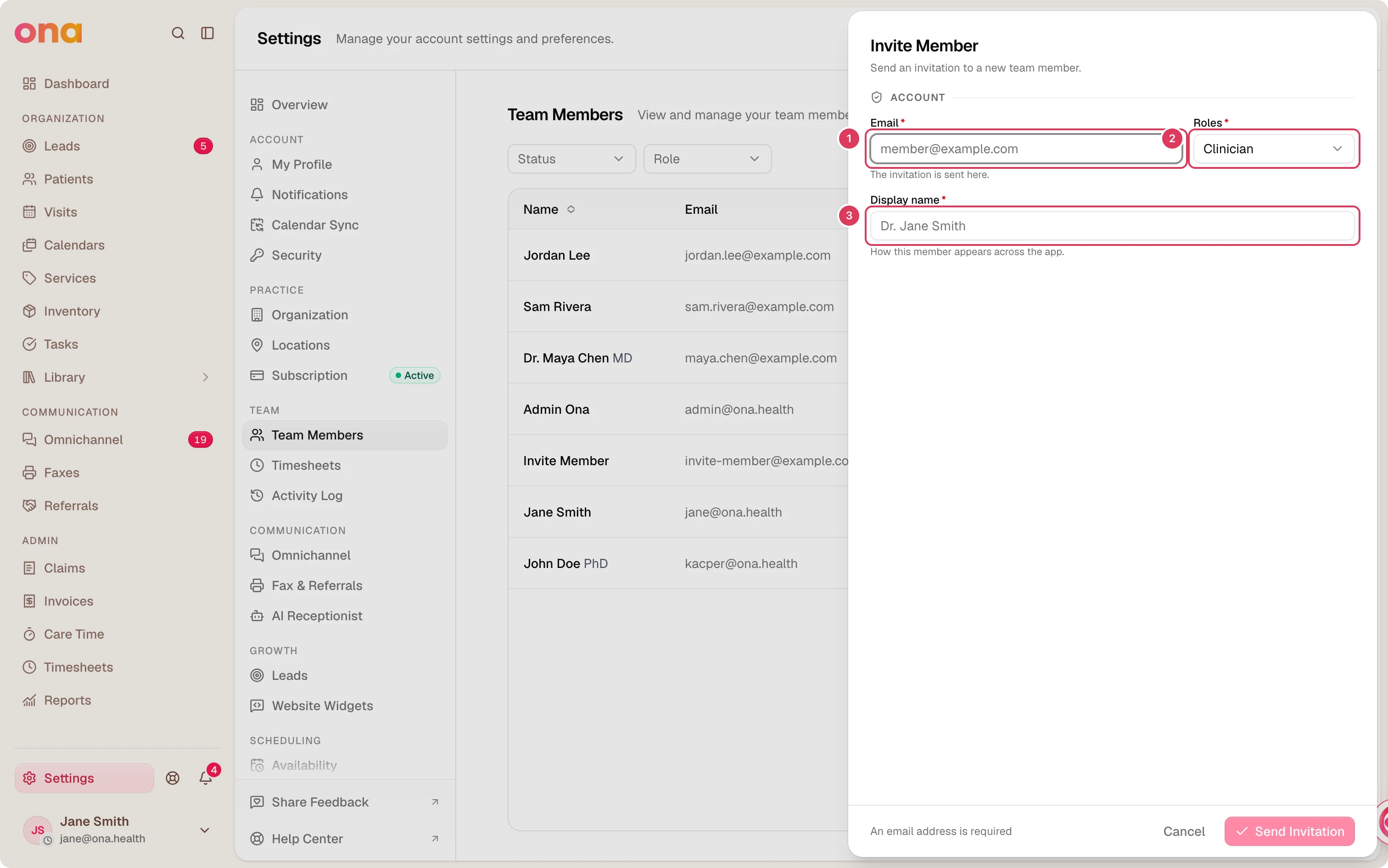 The Invite Member side panel is open with required Email, Roles, and Display name fields visible before the invitation is sent.