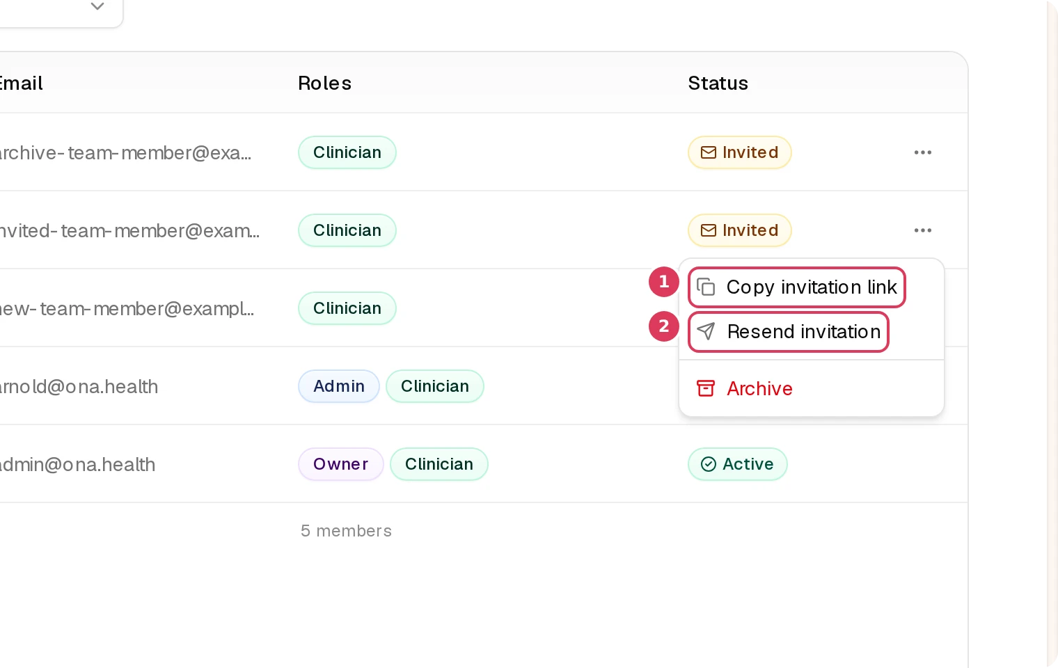 The actions menu is open on an invited team member row, showing the Copy invitation link and Resend invitation commands for reusing or renewing the invitation.