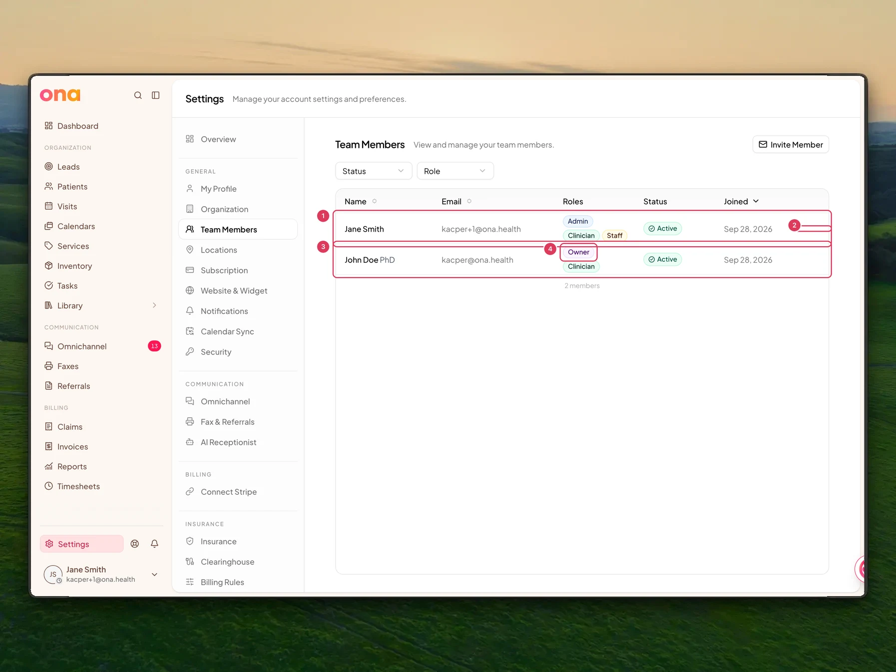 The Team Members settings page shows Jane Smith and John Doe in the team table, with Jane's own row, the actions area, John Doe as an owner member, and the Owner role badge called out.