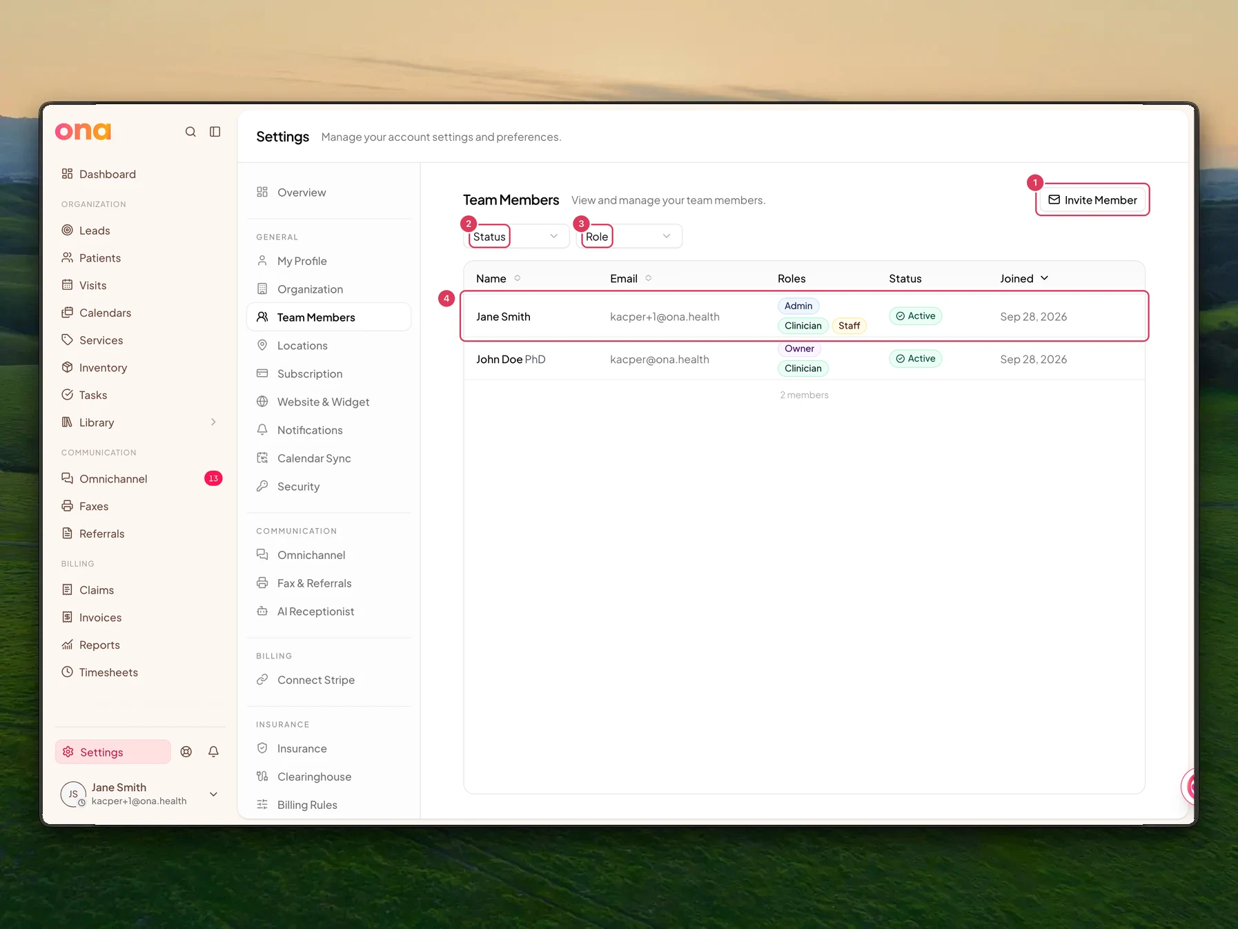 The Team Members settings page shows the Invite Member button, Status and Role filters, and member rows in the team table for owners and admins to manage.