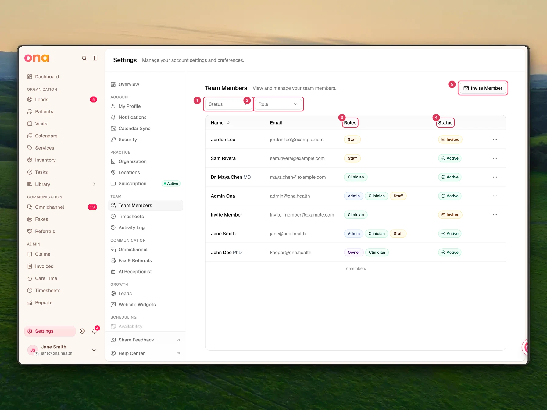The Team Members settings page shows the team list with Status and Role filters, Roles and Status columns, and the Invite Member button.