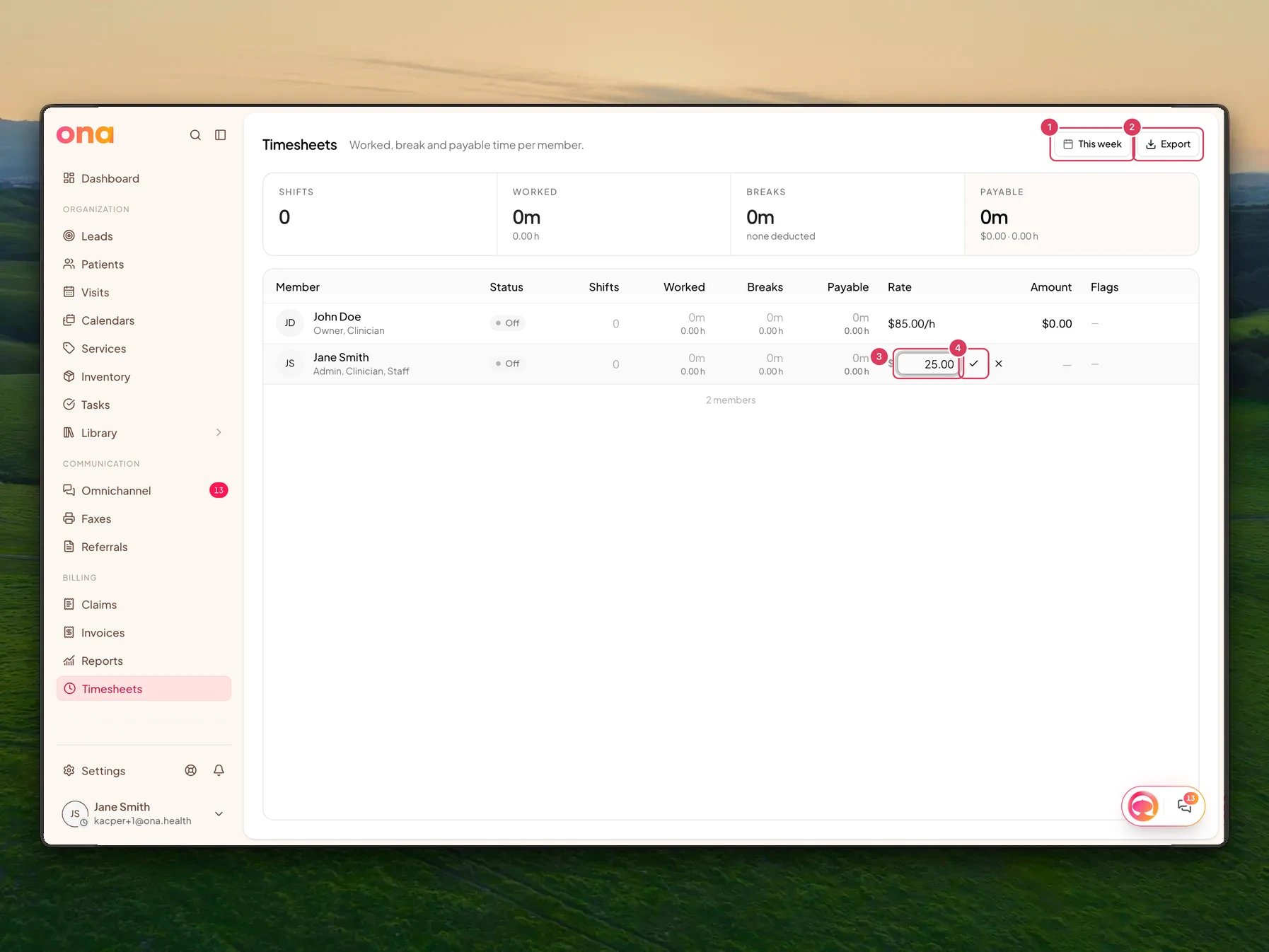 The team Timesheets page is open with the date range and export controls in the header and an hourly rate being edited in the member table.
